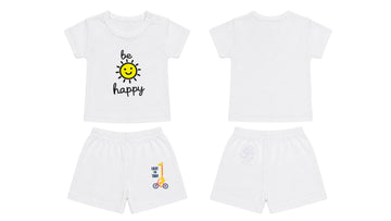 T-Shirt + Shorts Set: Premium Cotton-Blend "Be Happy & Enjoy the Today" White Daily Casual Wear