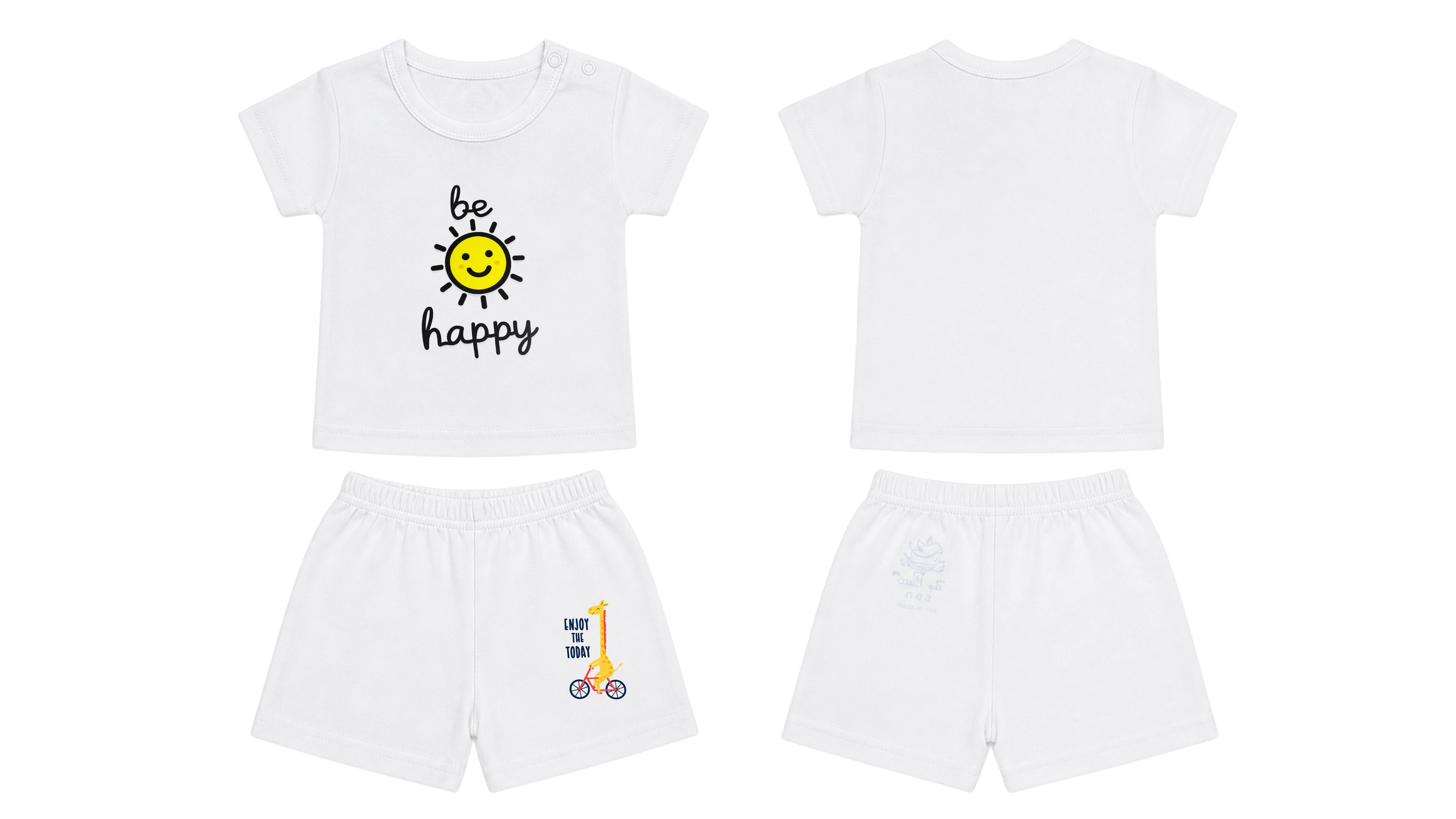 T-Shirt + Shorts Set: Premium Cotton-Blend "Be Happy & Enjoy the Today" White Daily Casual Wear