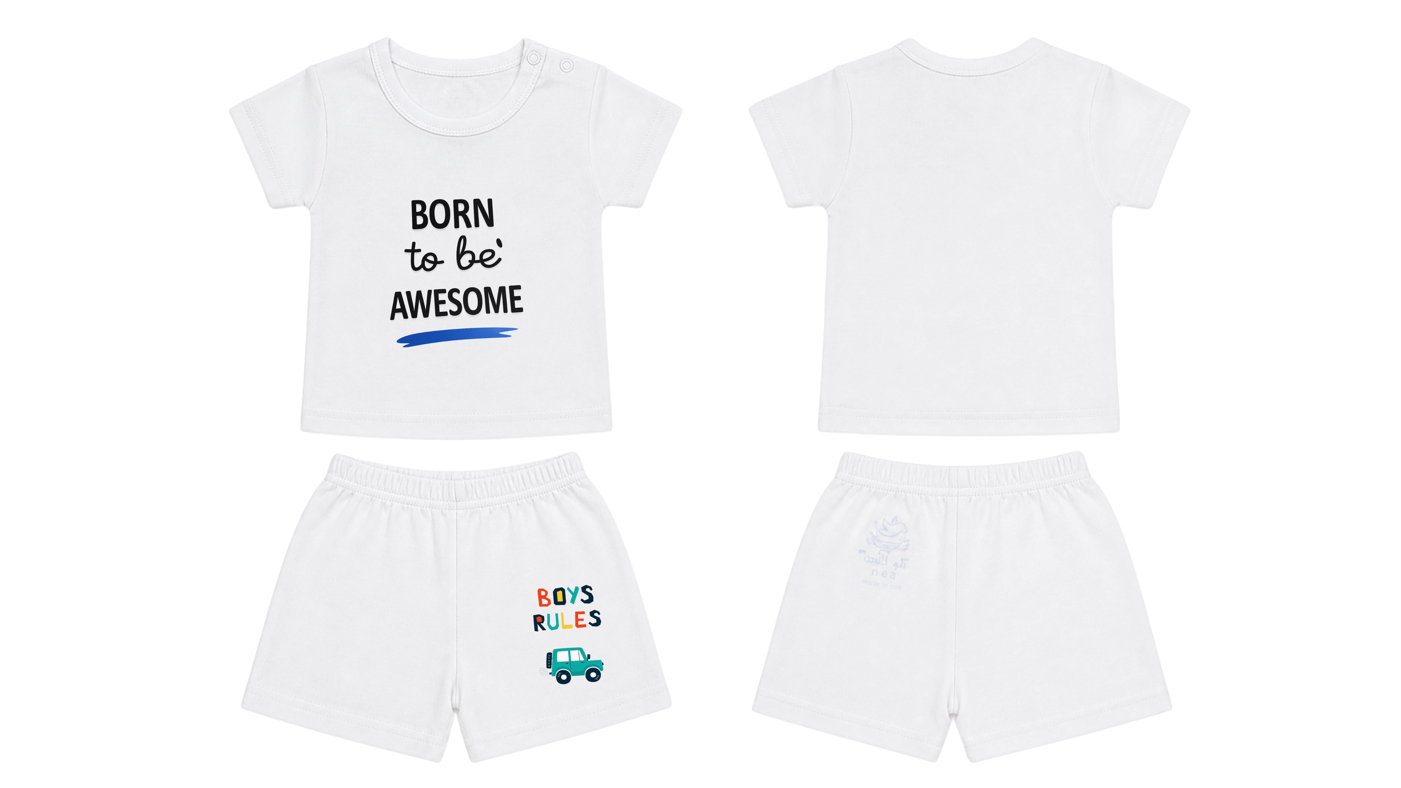T-Shirt + Shorts Set: Premium Cotton-Blend "Born to be Awesome & Boys Rules" White Daily Casual Wear