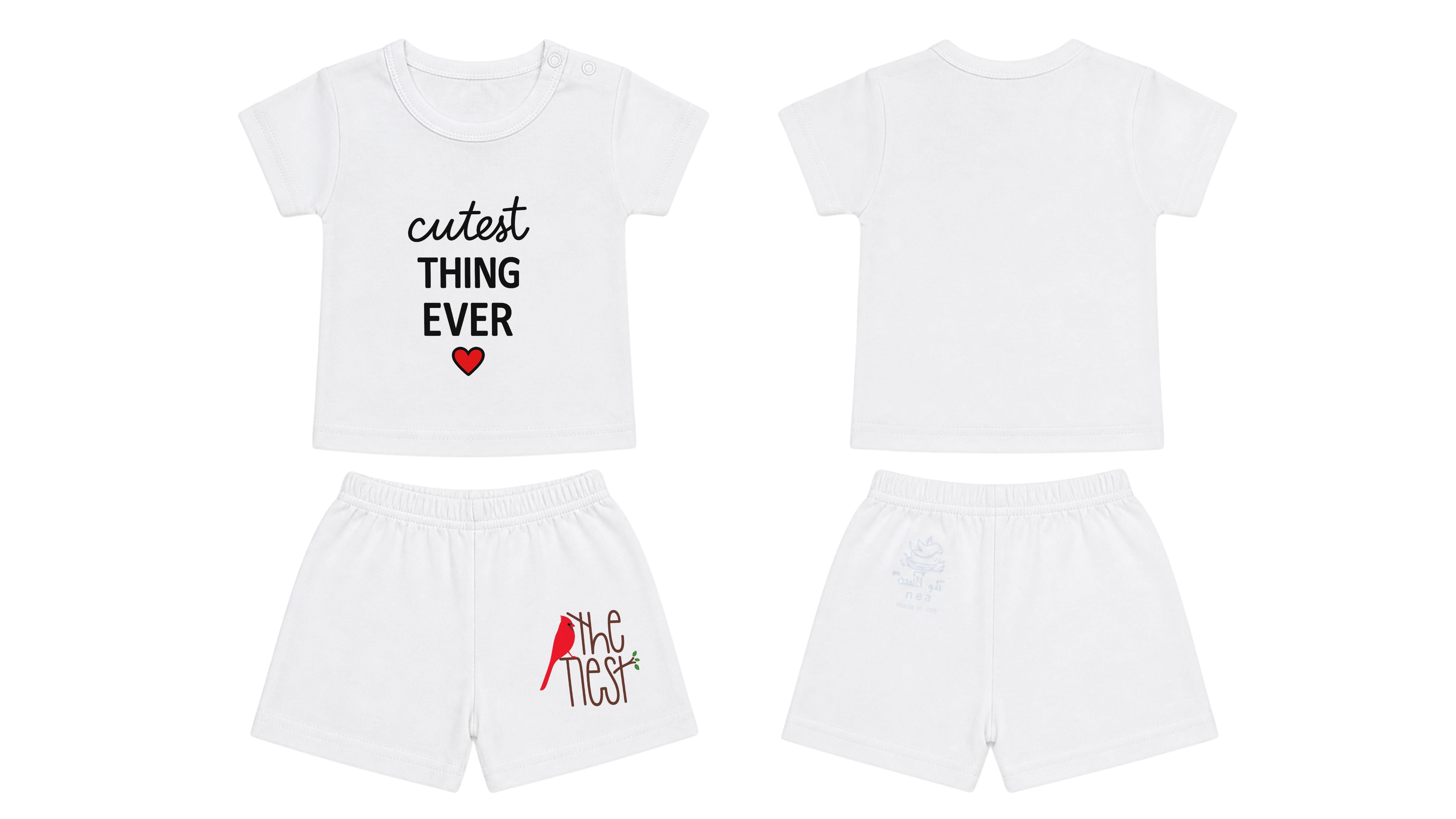 T-Shirt + Shorts Set: Premium Cotton-Blend "Cutest Thing Ever & The Nest" White Daily Casual Wear