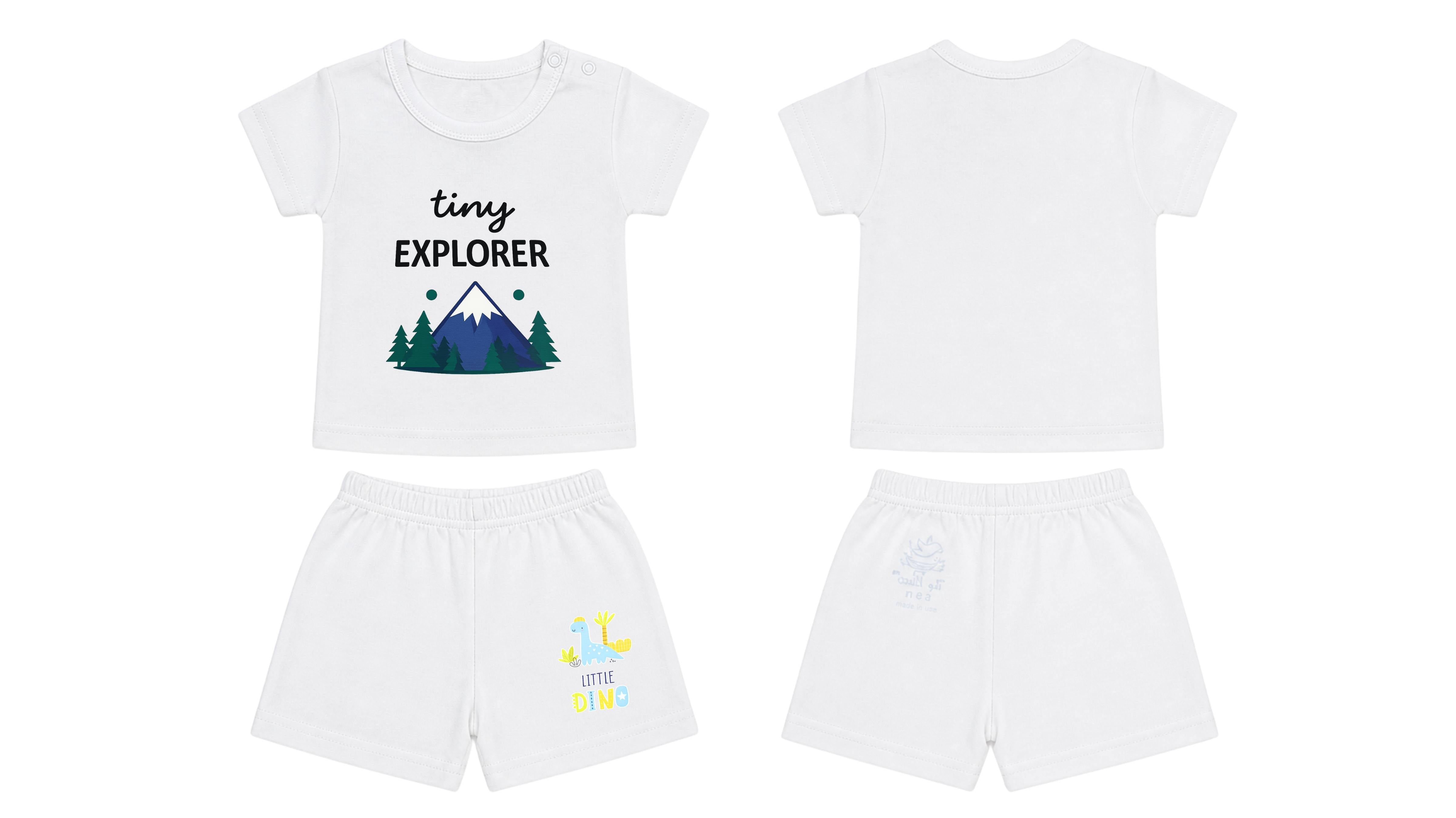 T-Shirt + Shorts Set: Premium Cotton-Blend "Tiny Explorer & Little Dino Mini" White Daily Casual Wear