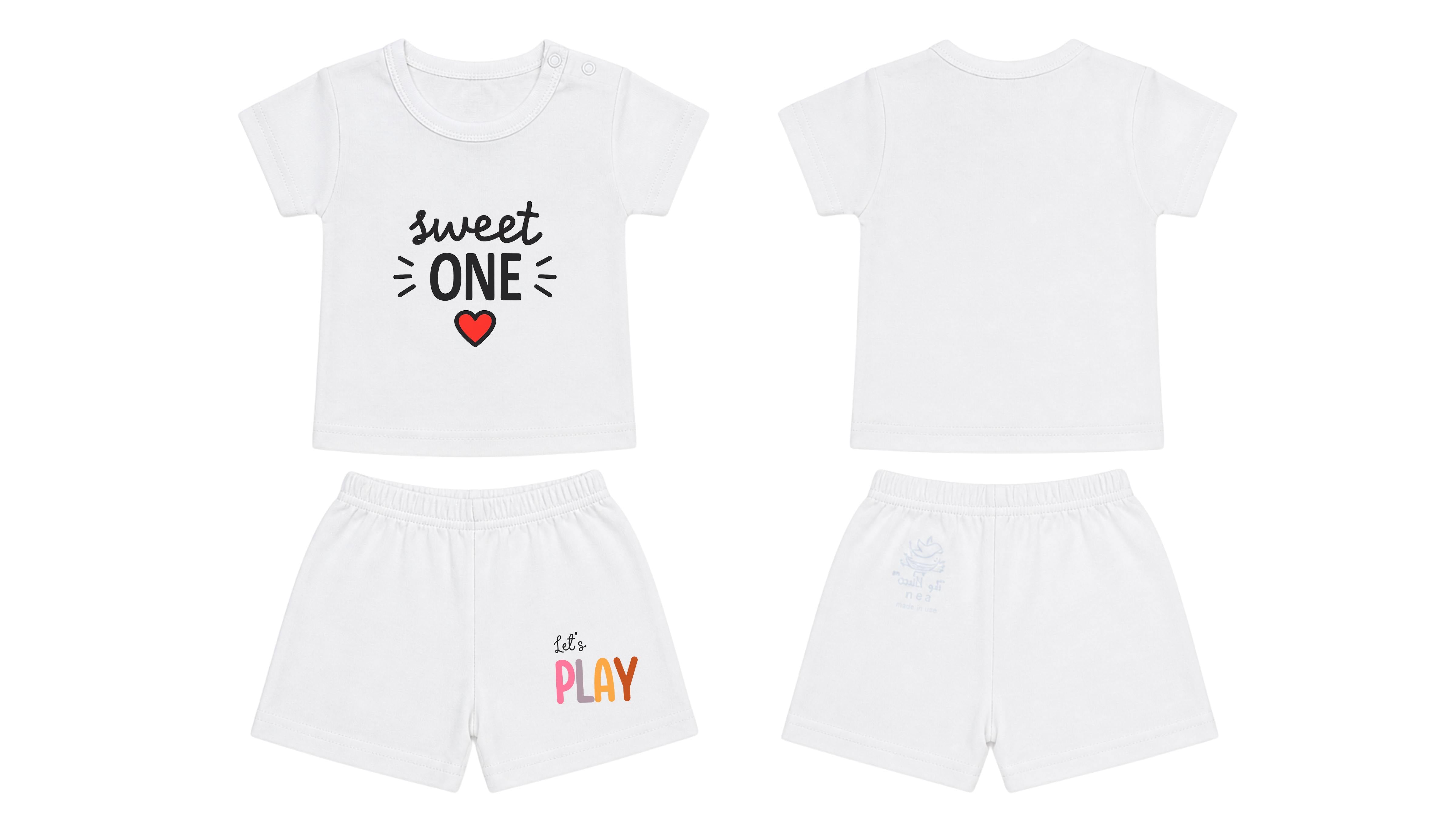 T-Shirt + Shorts Set: Premium Cotton-Blend "Sweet One & Lets Play" White Daily Casual Wear