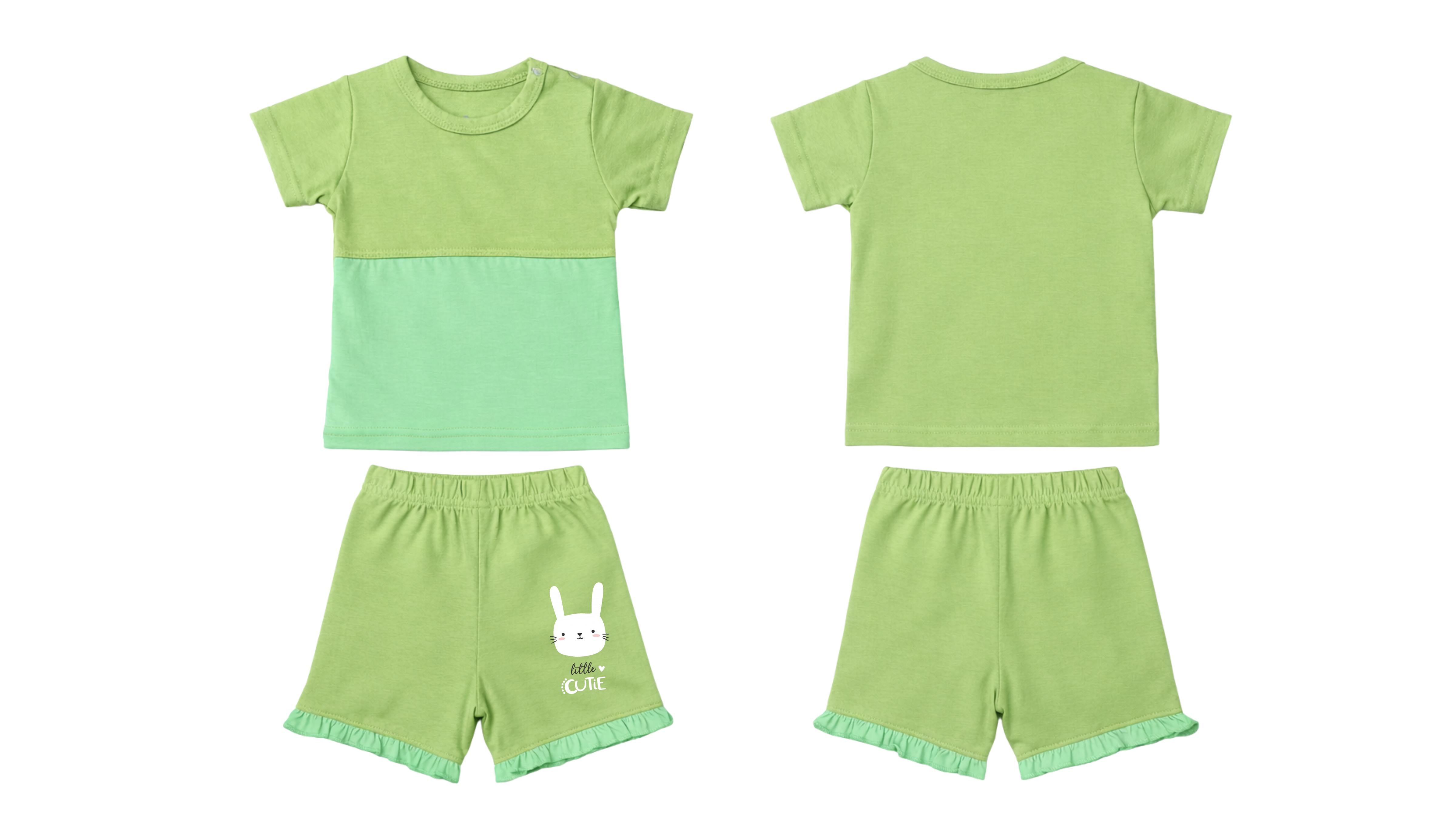 T-Shirt + Shorts Set: Premium Cotton-Blend "Little Cute" Green Daily Casual Wear