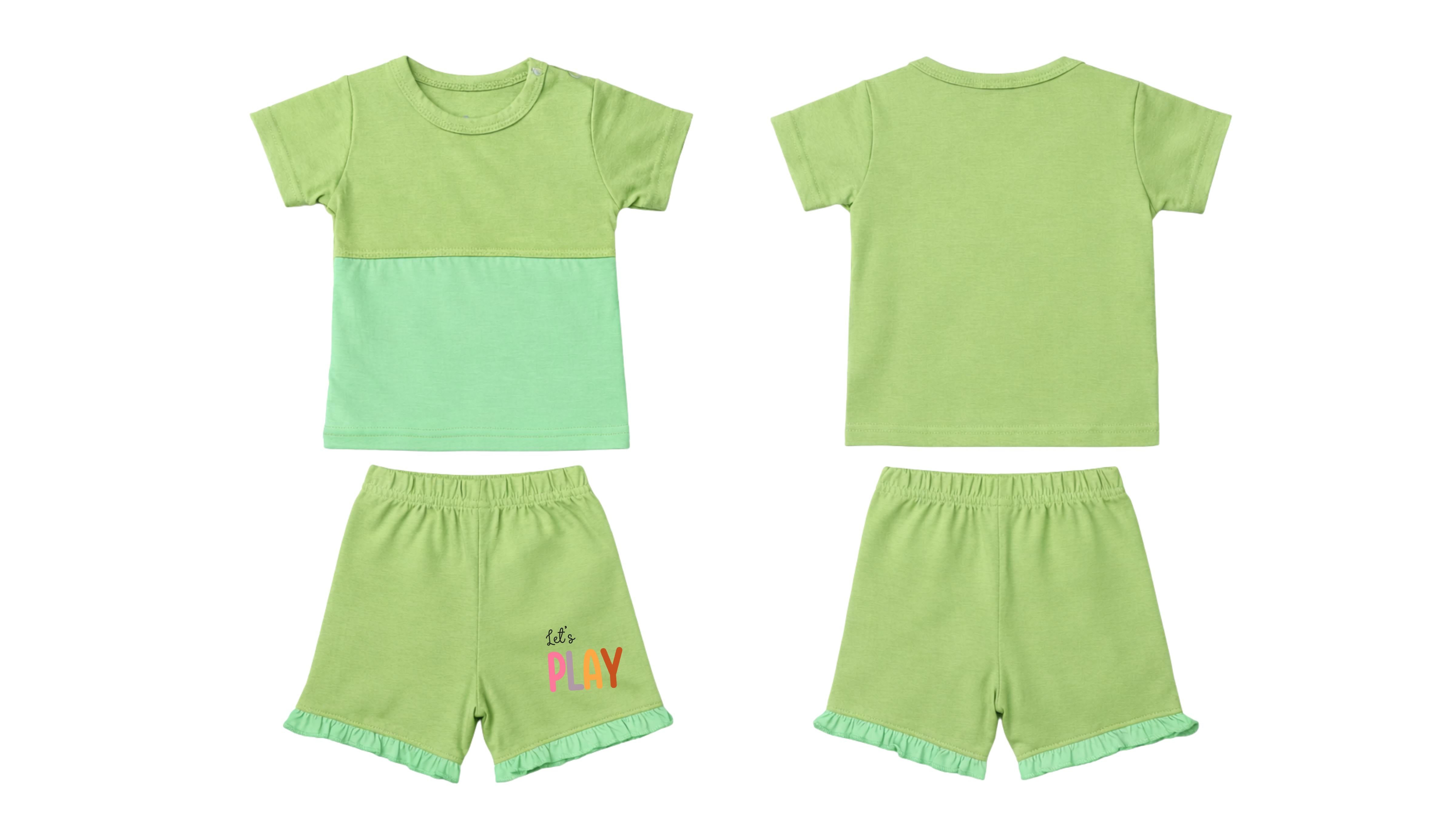 T-Shirt + Shorts Set: Premium Cotton-Blend "Lets Play" Green Daily Casual Wear