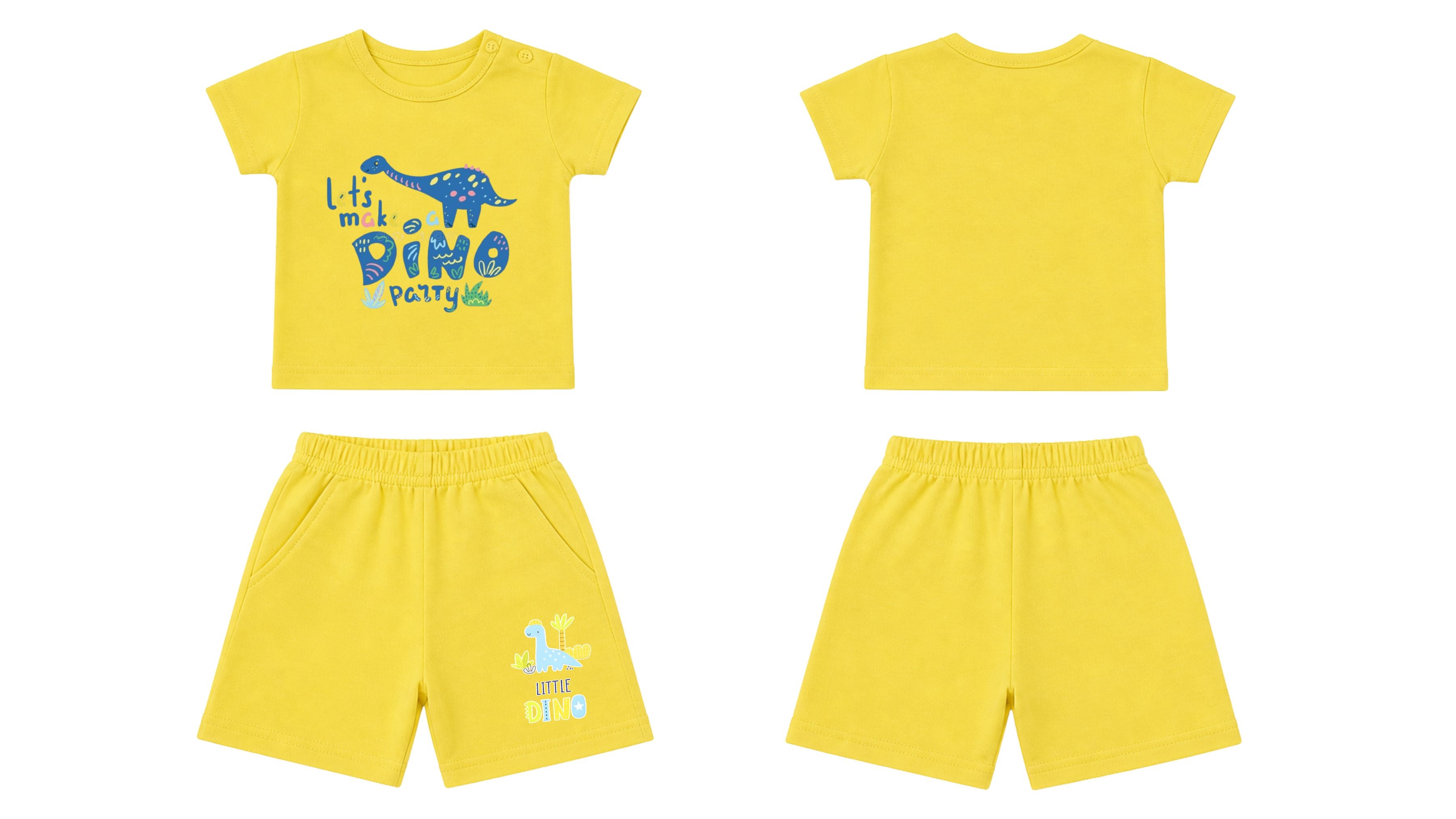 T-Shirt + Shorts Set: Premium Cotton-Blend "Dino Party & Little Dino Mini" Yellow Daily Casual Wear