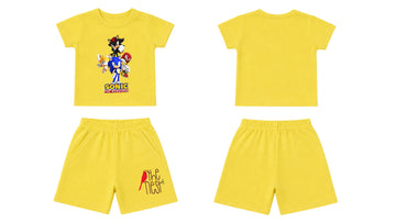 T-Shirt + Shorts Set: Premium Cotton-Blend "Sonic Crew & The Nest" Yellow Daily Casual Wear