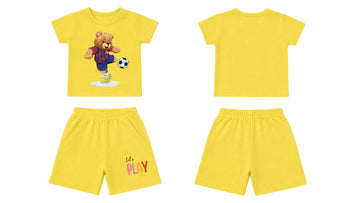 T-Shirt + Shorts Set: Premium Cotton-Blend "Bear & Lets Play" Yellow Daily Casual Wear