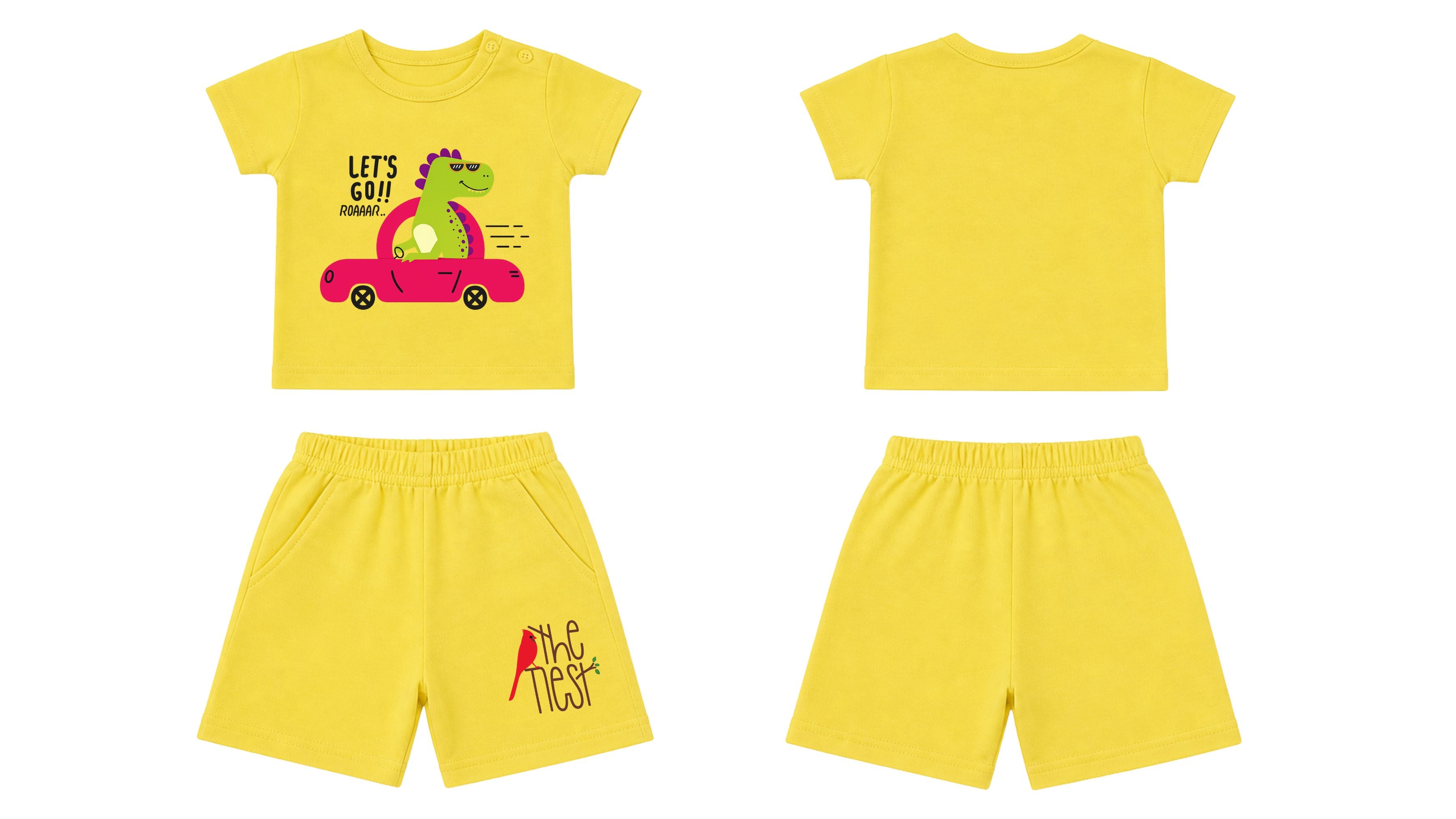 T-Shirt + Shorts Set: Premium Cotton-Blend "Lets Go & The Nest" Yellow Daily Casual Wear