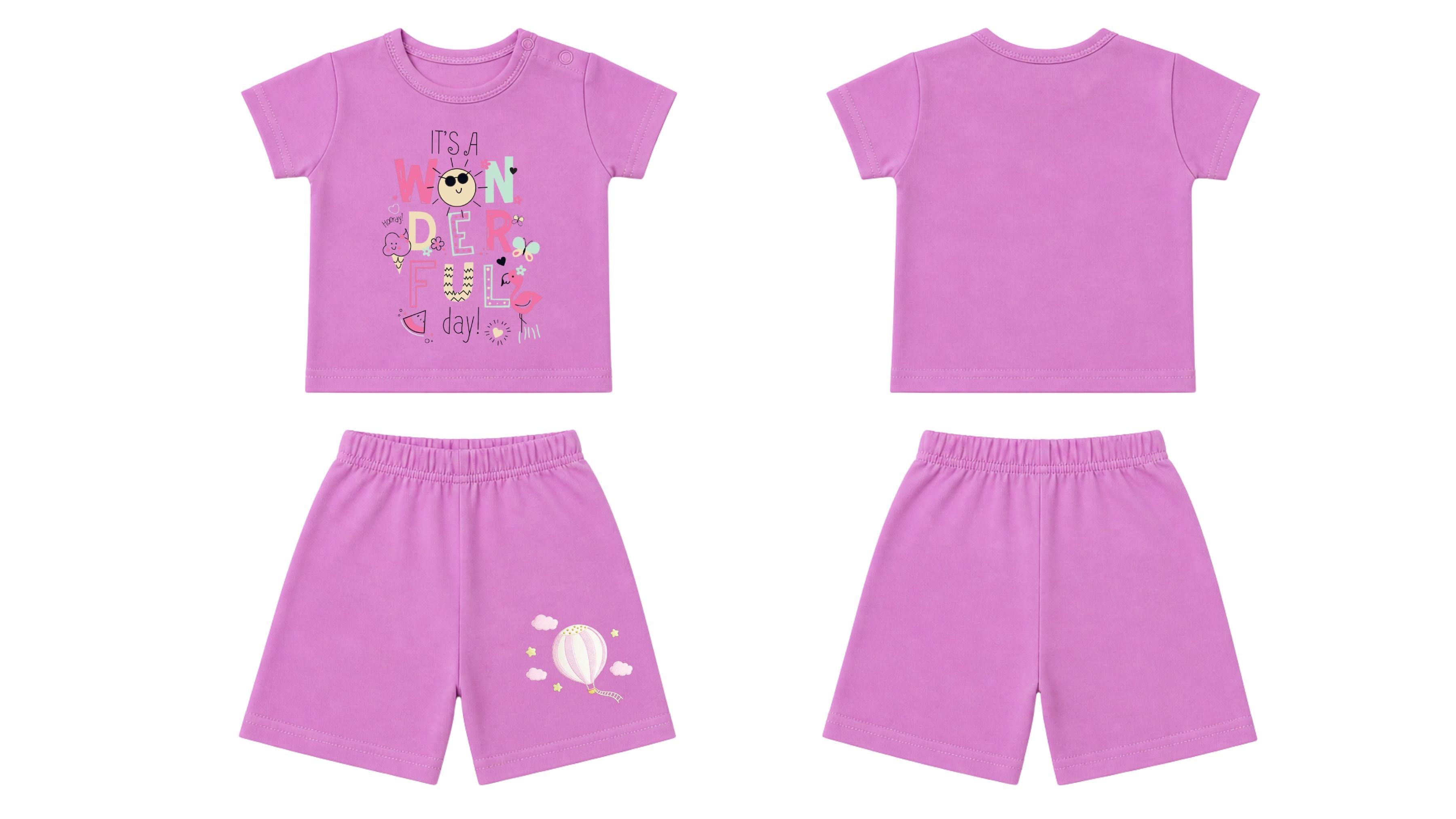 T-Shirt + Shorts Set: Premium Cotton-Blend "Wonderful & Hot Balloon" Pink Daily Casual Wear