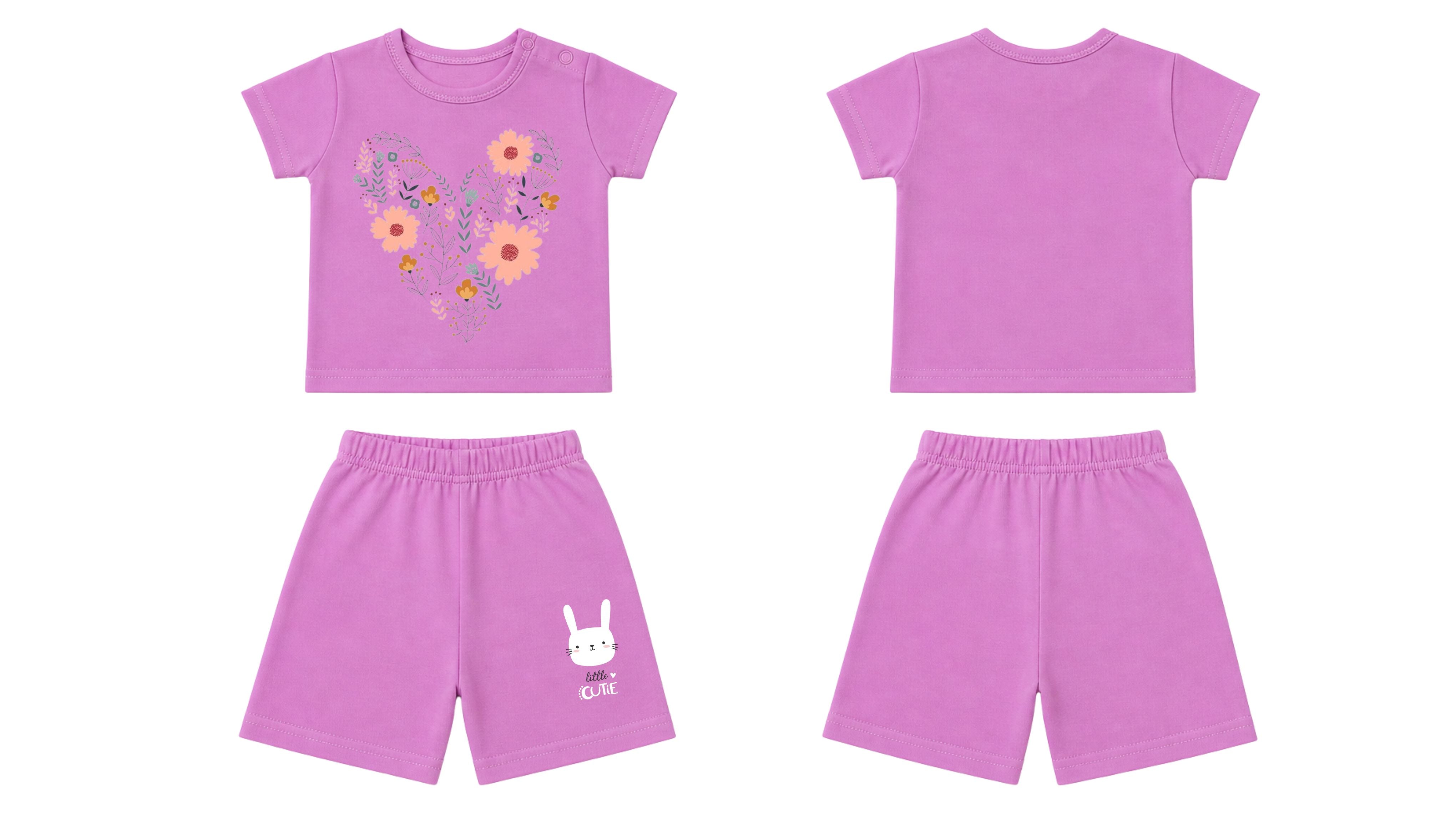 T-Shirt + Shorts Set: Premium Cotton-Blend "Heart & Little Cutie" Pink Daily Casual Wear