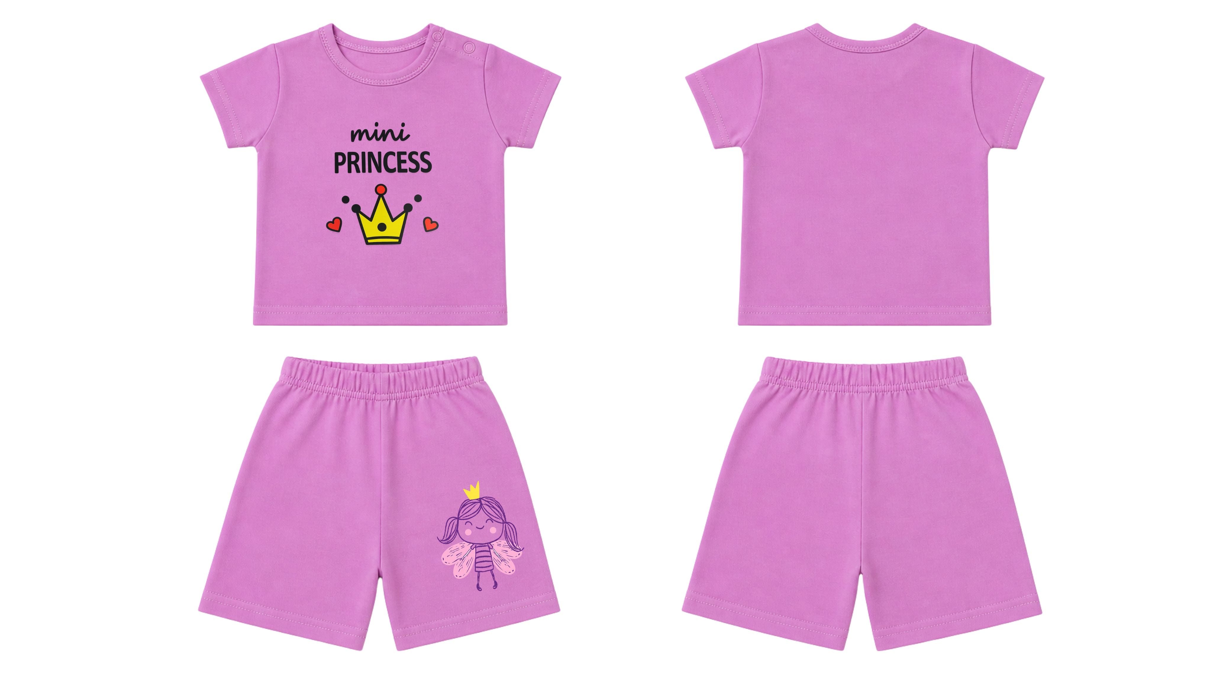 T-Shirt + Shorts Set: Premium Cotton-Blend "Mini Princess & Little Fairy" Pink Daily Casual Wear