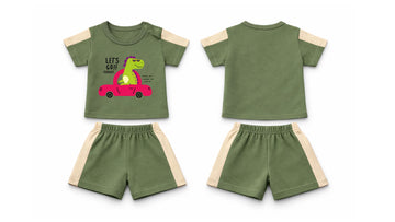 T-Shirt + Shorts Set: Premium Cotton-Blend "Lets Go" Green Daily Casual Wear