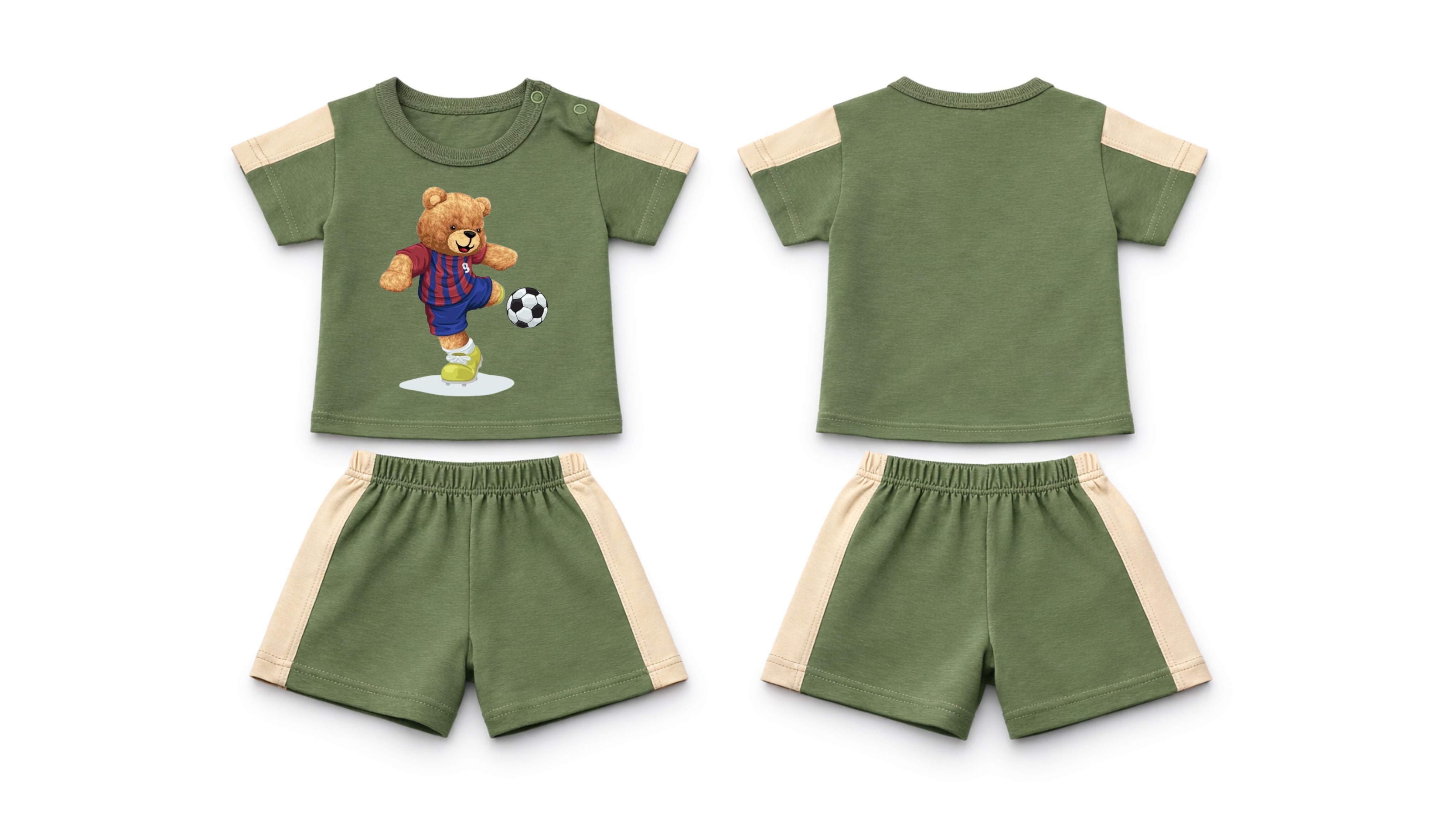 T-Shirt + Shorts Set: Premium Cotton-Blend "Bear" Green Active Playwear