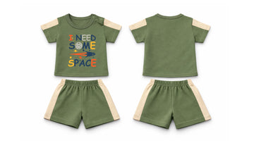 T-Shirt + Shorts Set: Premium Cotton-Blend "Space" Green Daily Casual Wear