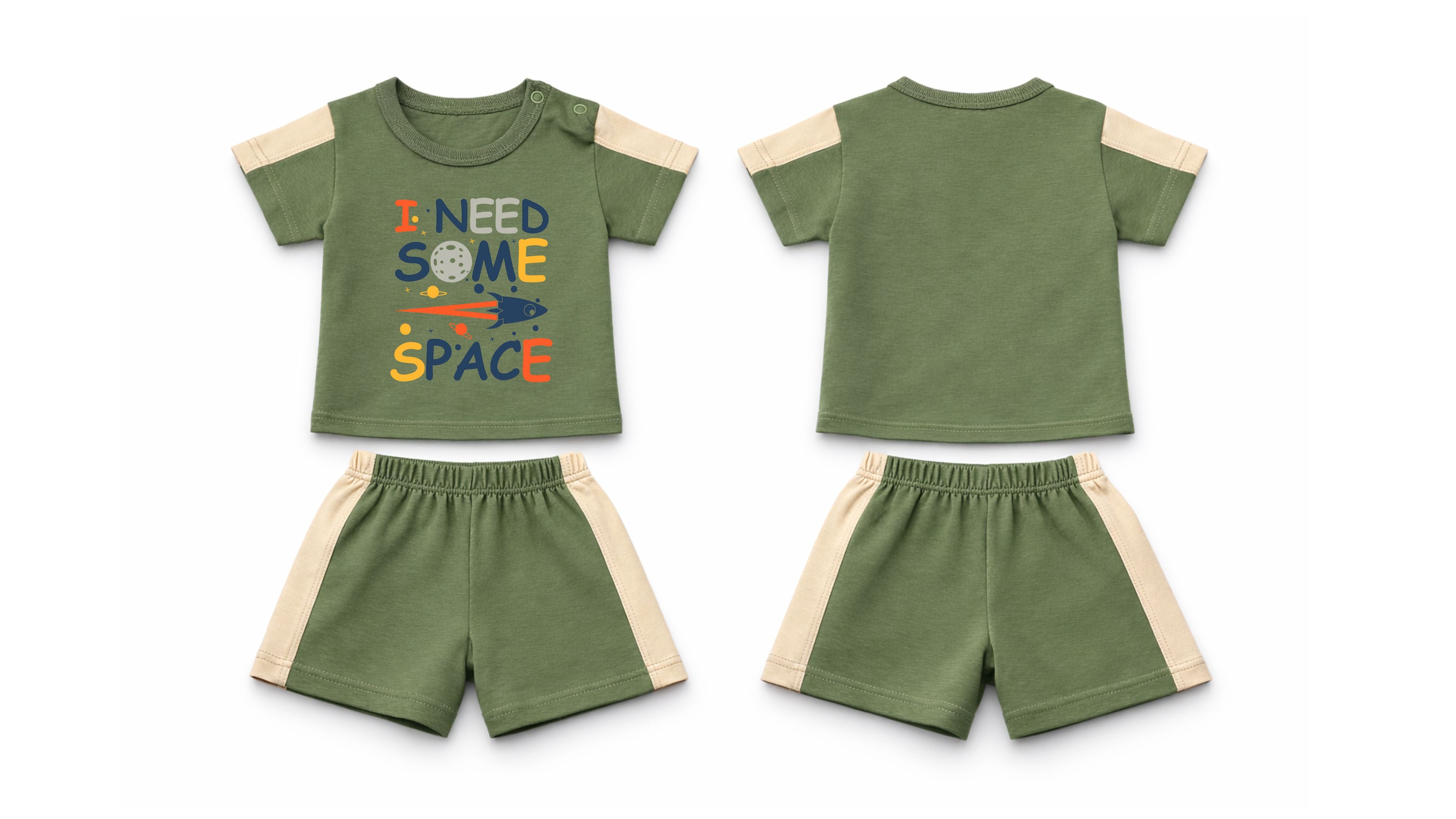 T-Shirt + Shorts Set: Premium Cotton-Blend "Space" Green Daily Casual Wear