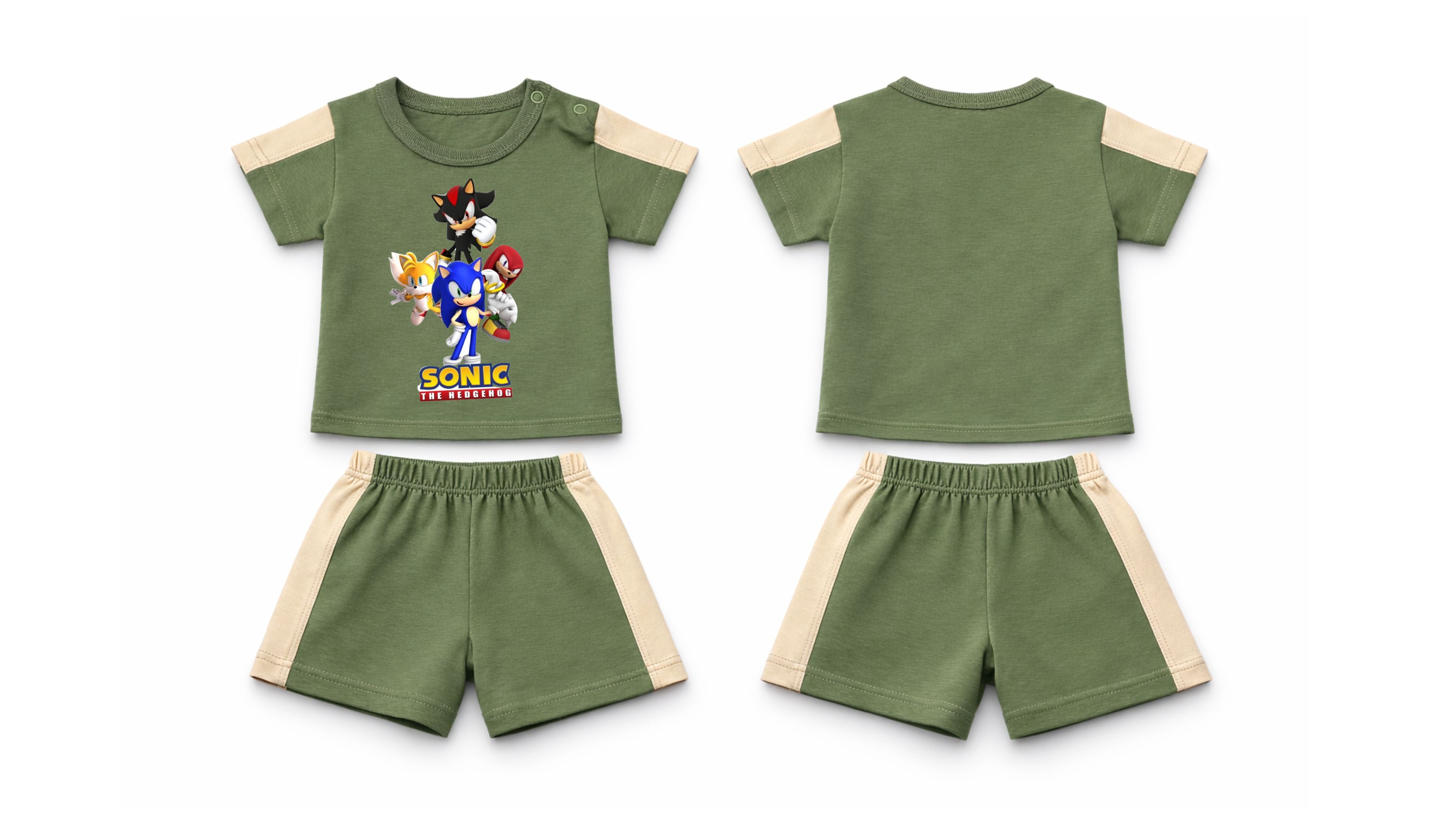 T-Shirt + Shorts Set: Premium Cotton-Blend "Sonic Crew" Green Daily Casual Wear