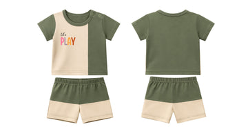 T-Shirt + Shorts Set: Premium Cotton-Blend "Lets Play" Green Daily Casual Wear