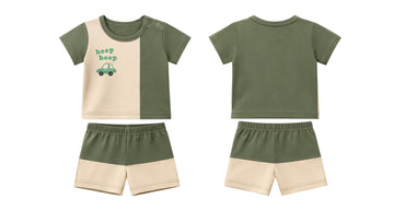 T-Shirt + Shorts Set: Premium Cotton-Blend "Beep Beep" Green Daily Casual Wear