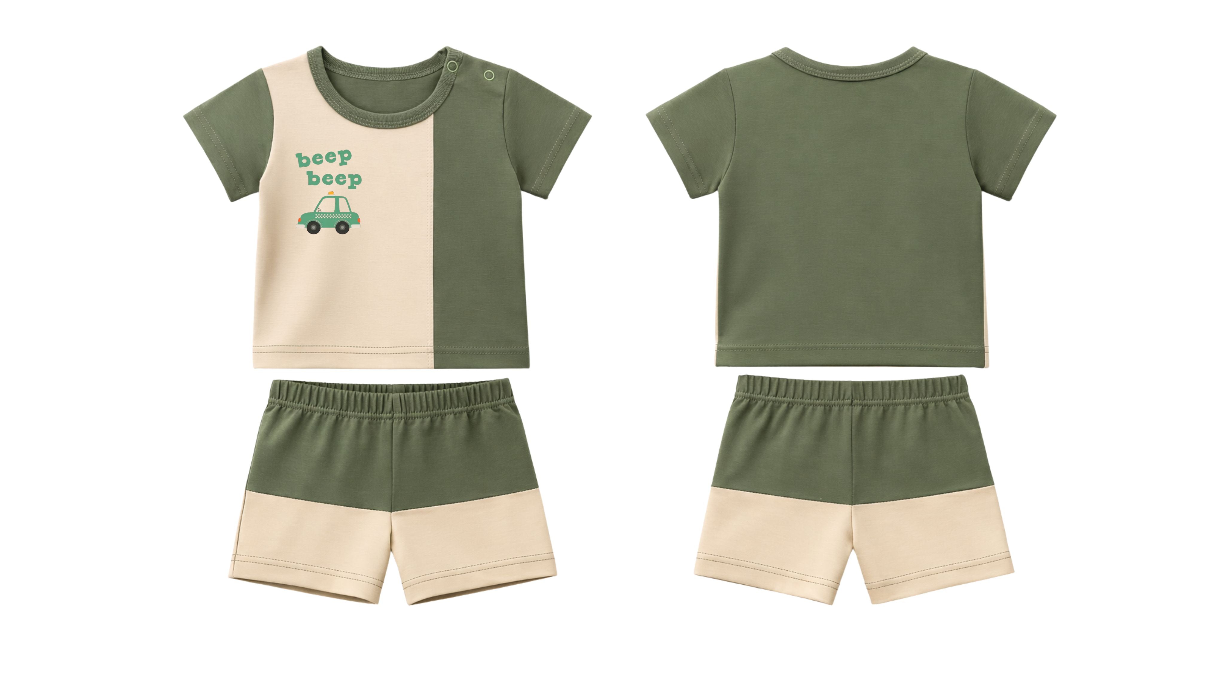 T-Shirt + Shorts Set: Premium Cotton-Blend "Beep Beep" Green Daily Casual Wear