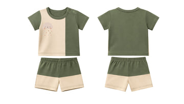 T-Shirt + Shorts Set: Premium Cotton-Blend "Cloud Hearts" Green Daily Casual Wear