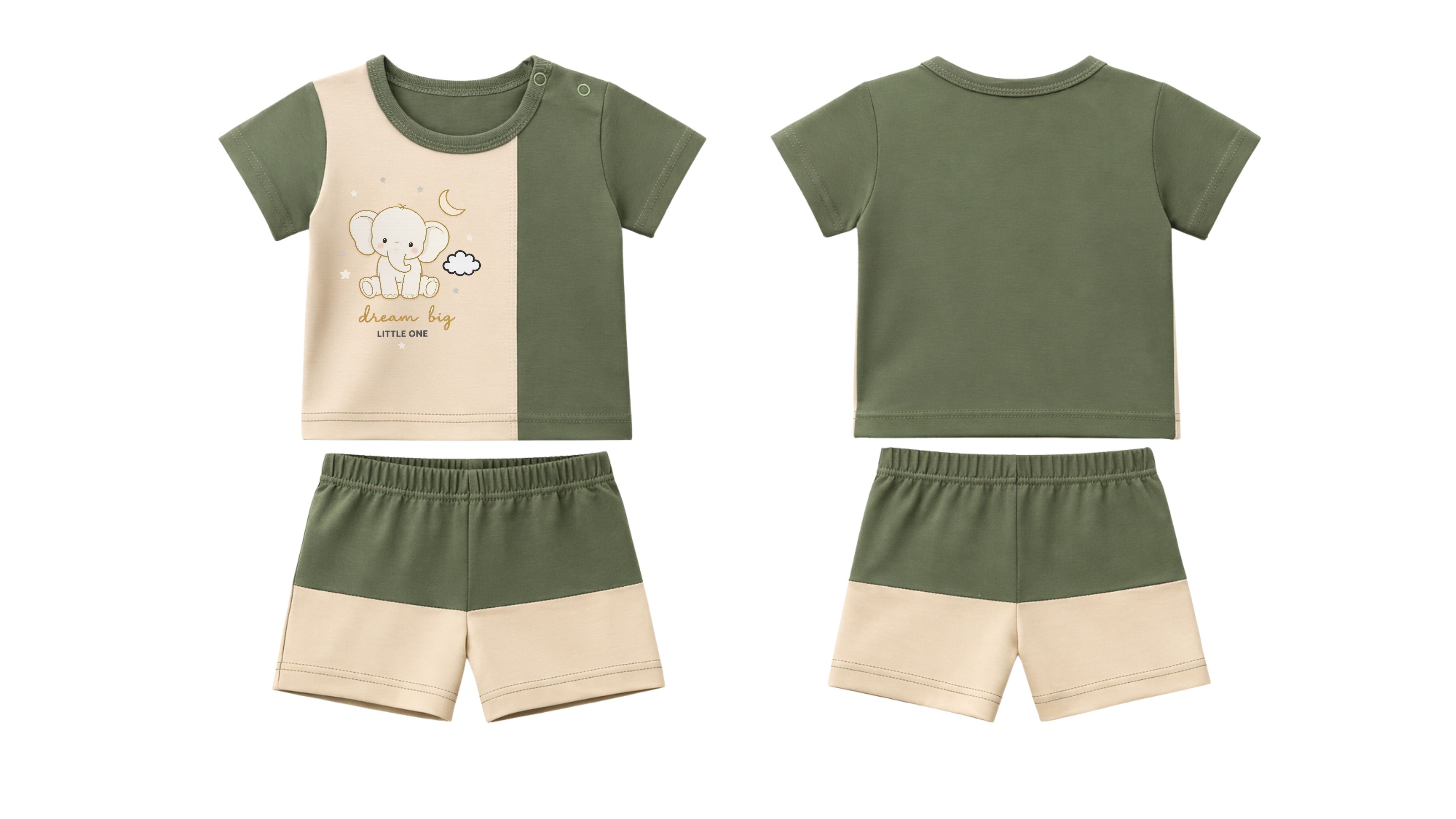 T-Shirt + Shorts Set: Premium Cotton-Blend "Dream Big Little One" Green Daily Casual Wear