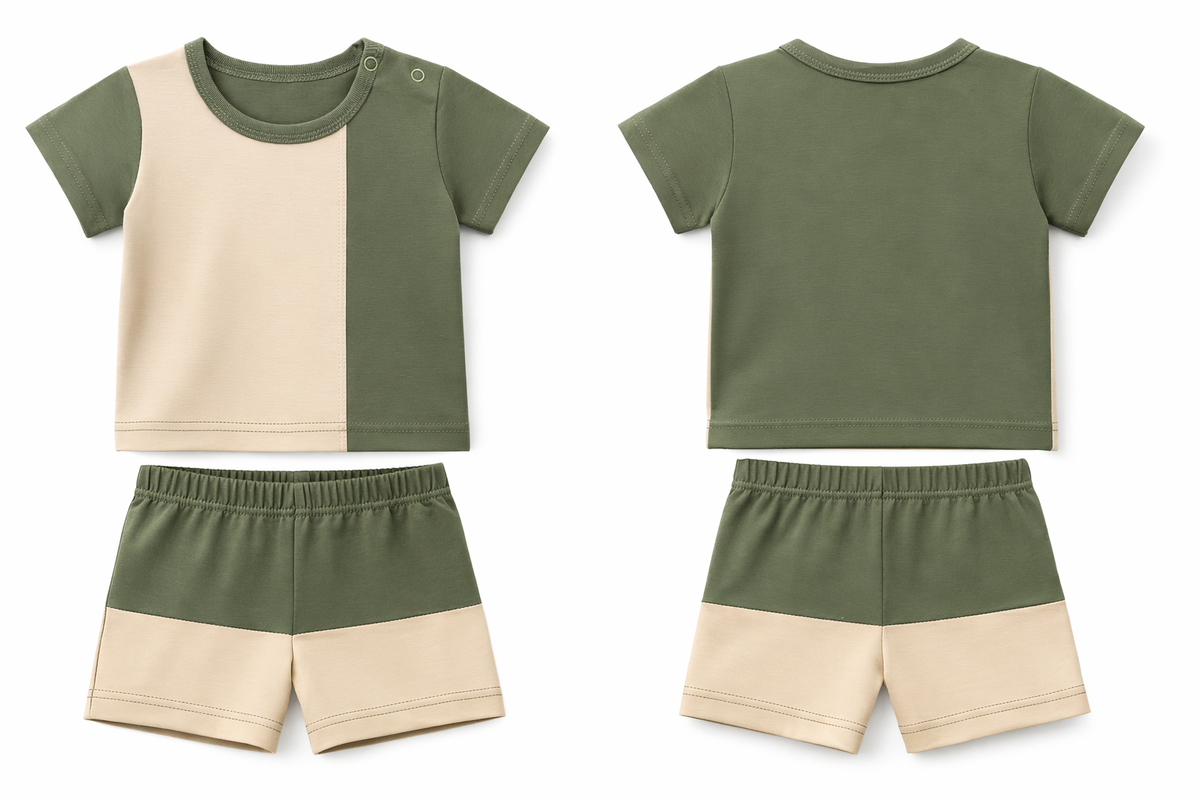 T-Shirt Shorts Set Olive Beige Soft Two Tone
