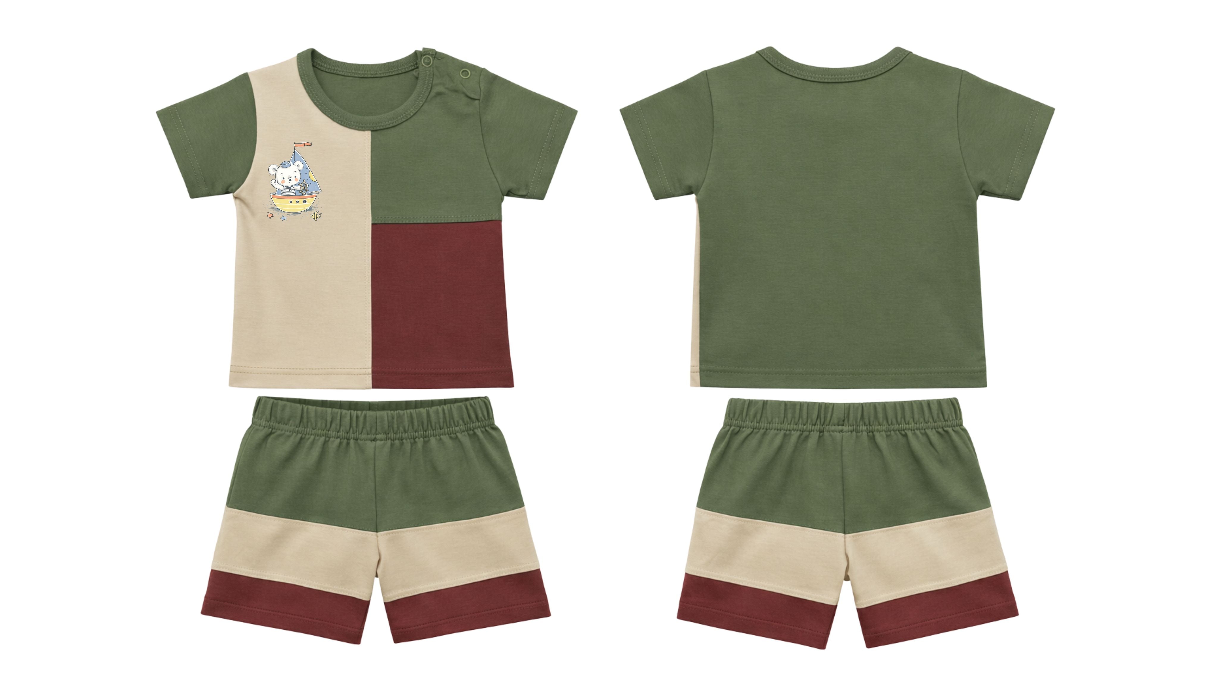 T-Shirt + Shorts Set: Premium Cotton-Blend "Panda Boat" Multi-Color Daily Casual Wear