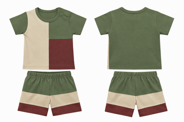 T-Shirt Shorts Set Olive Beige Maroon Soft Color block