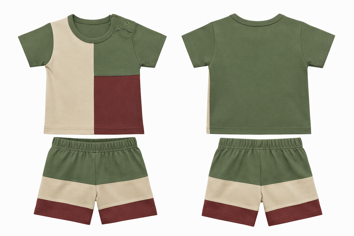 T-Shirt Shorts Set Olive Beige Maroon Soft Color block