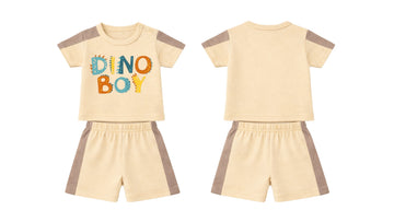T-Shirt + Shorts Set: Premium Cotton-Blend "Dino Boy" Beige Daily Casual Wear