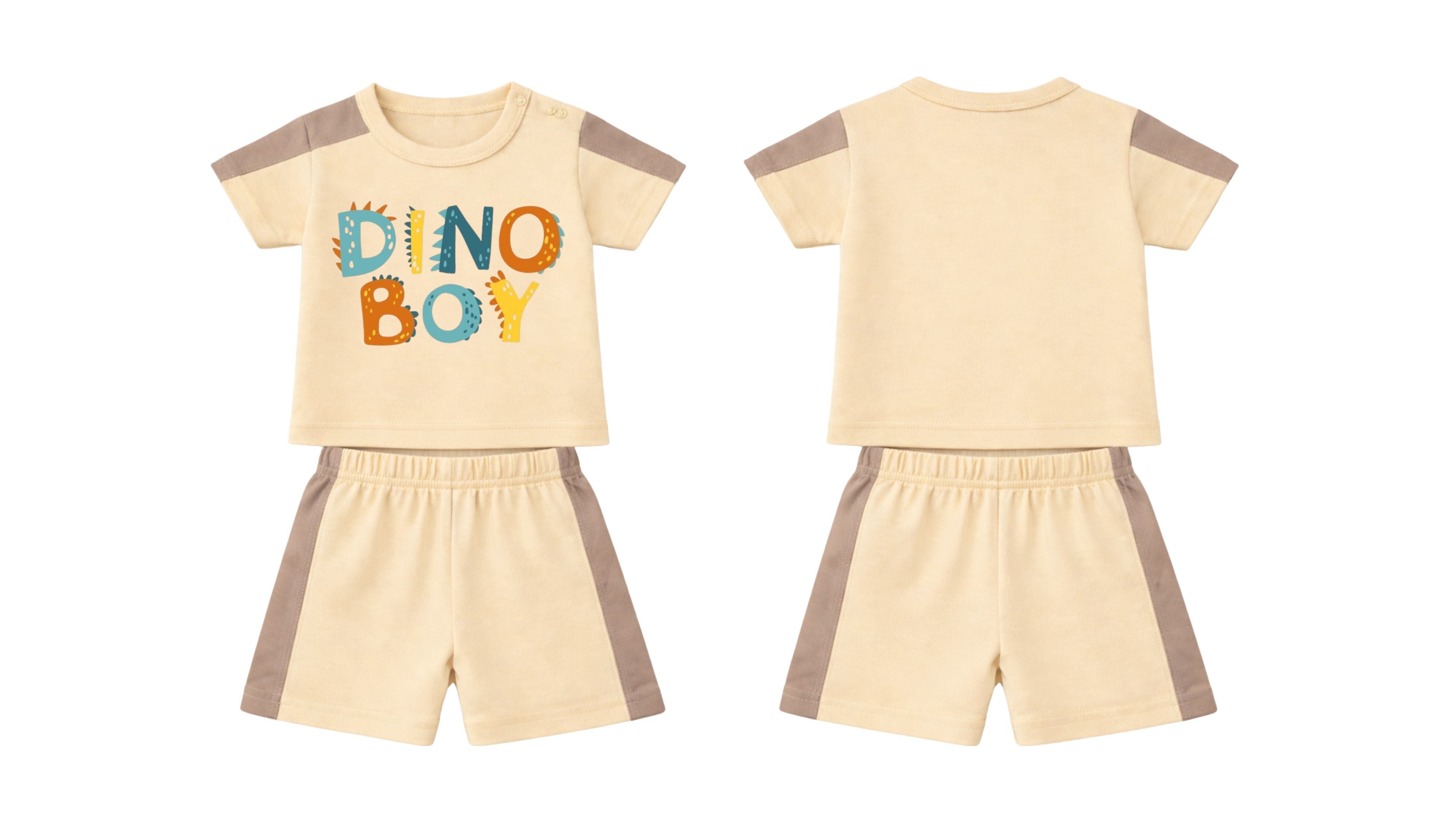 T-Shirt + Shorts Set: Premium Cotton-Blend "Dino Boy" Beige Daily Casual Wear