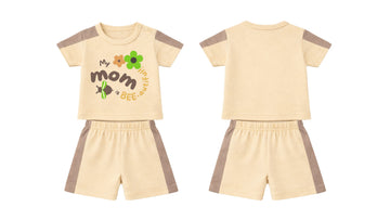 T-Shirt + Shorts Set: Premium Cotton-Blend "Mom" Beige Daily Casual Wear