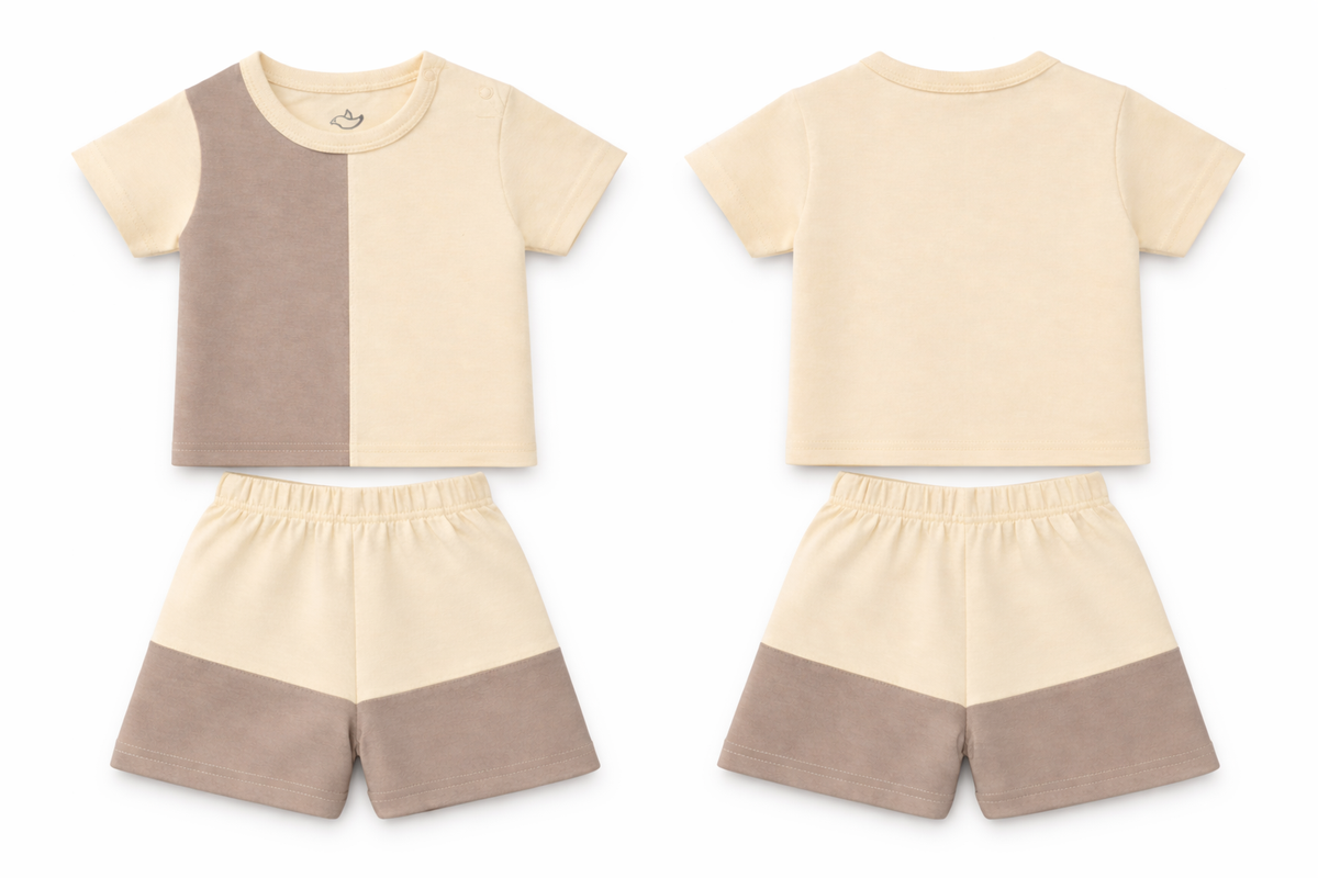 T-Shirt Shorts Set Beige Brown Soft Color block
