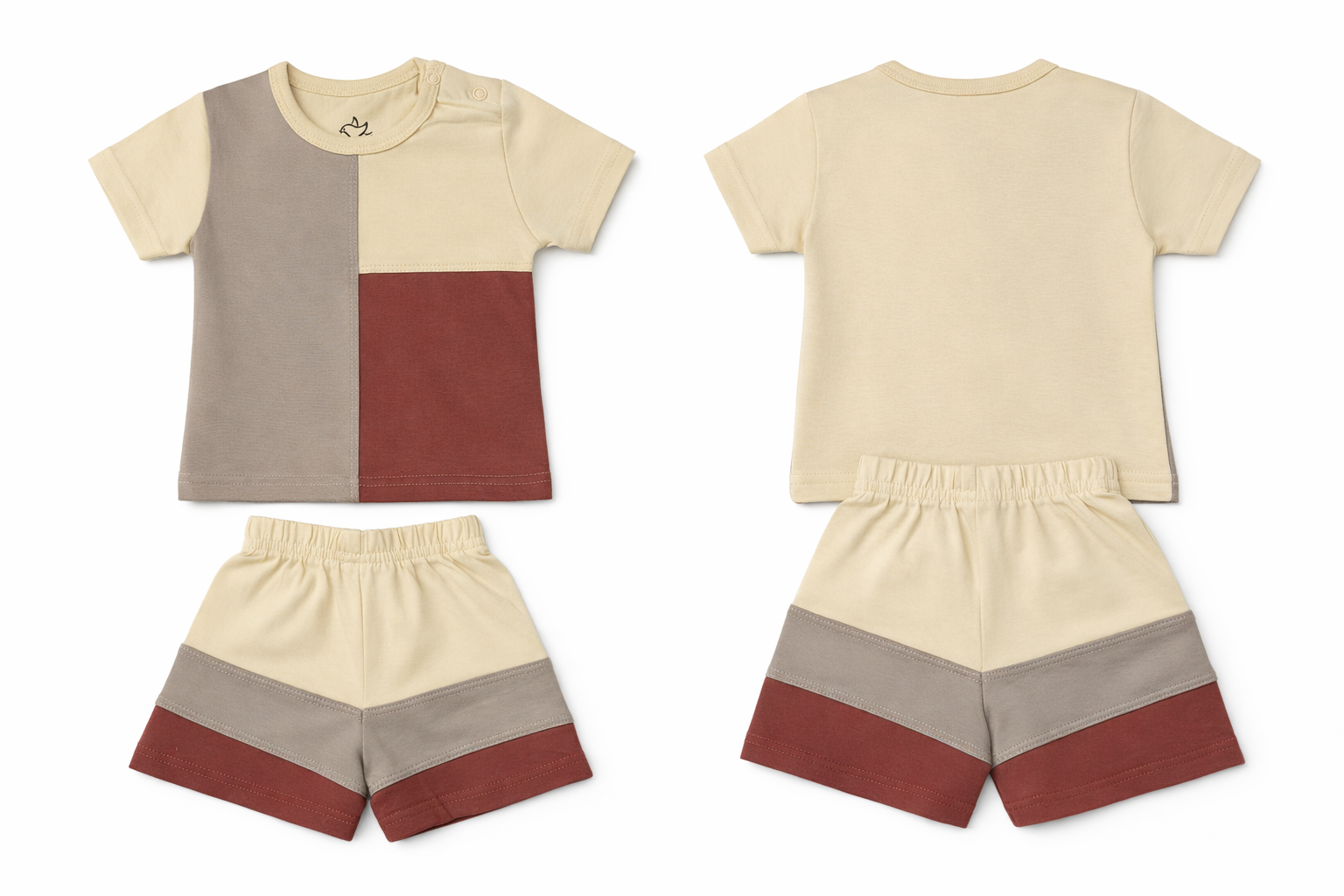 T-Shirt Shorts Set Beige Brown Maroon Soft Color block