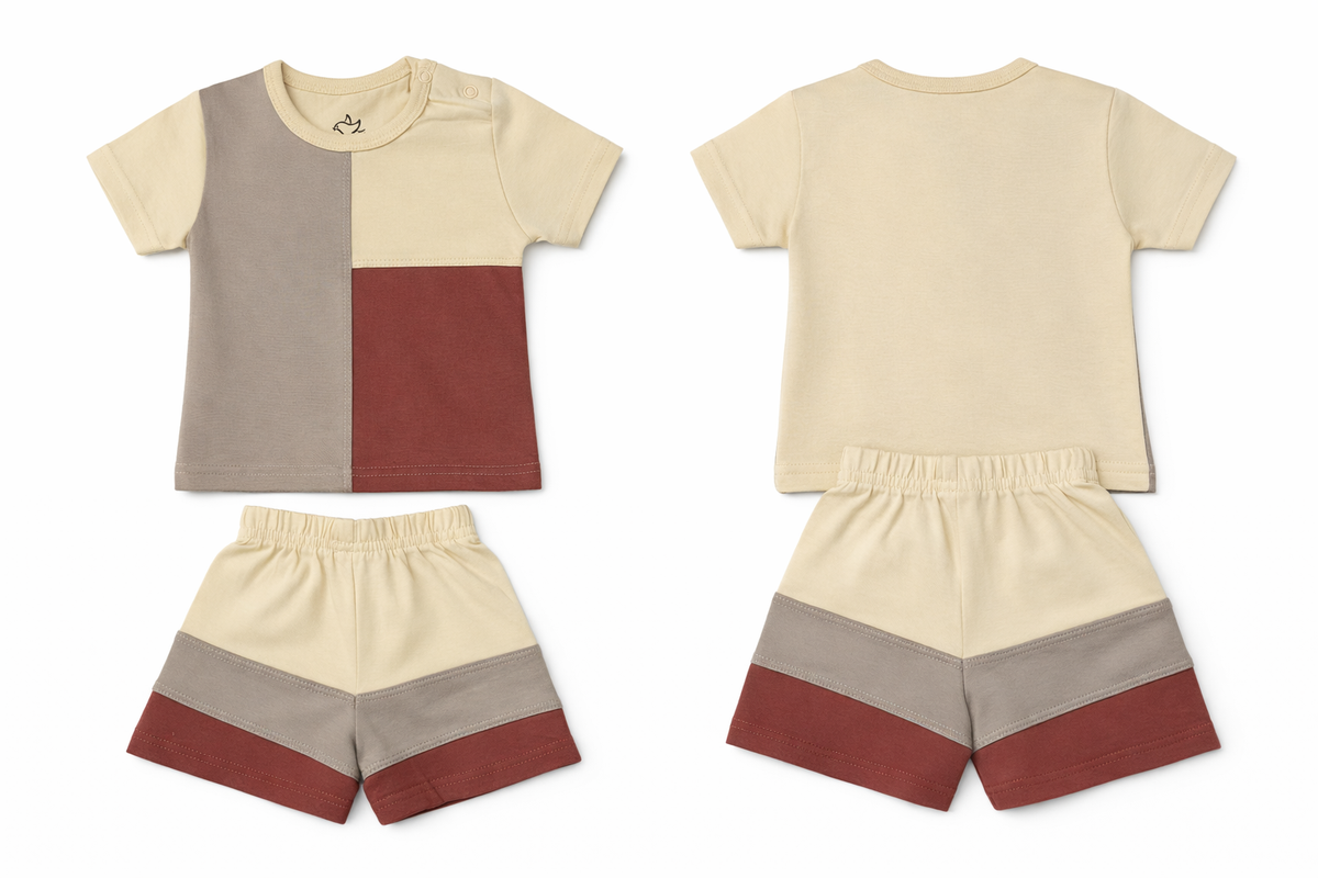 T-Shirt Shorts Set Beige Brown Maroon Soft Color block