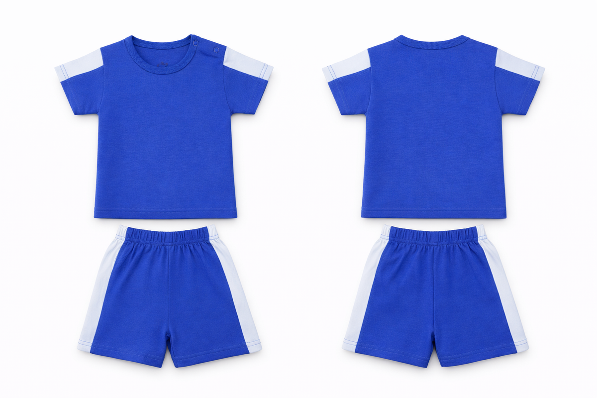 T-Shirt Shorts Set Blue White Soft Contrast Panel