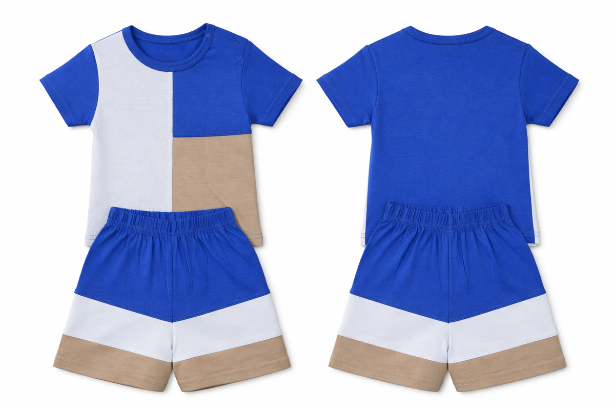 T-Shirt Shorts Set Blue White Beige Soft Color block