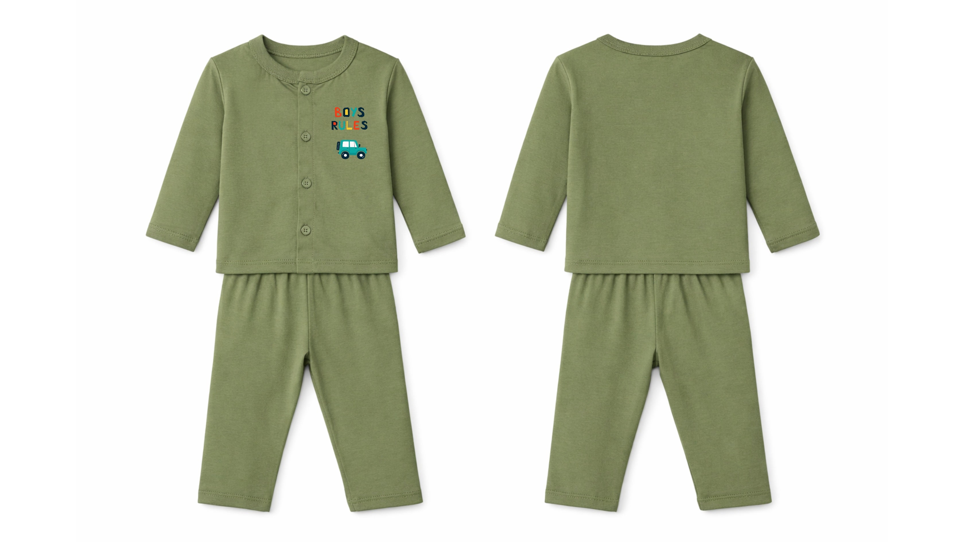 Jabla + Pajama: Premium Cotton-Blend "Boys Rules" Olive Green Casual Essentials