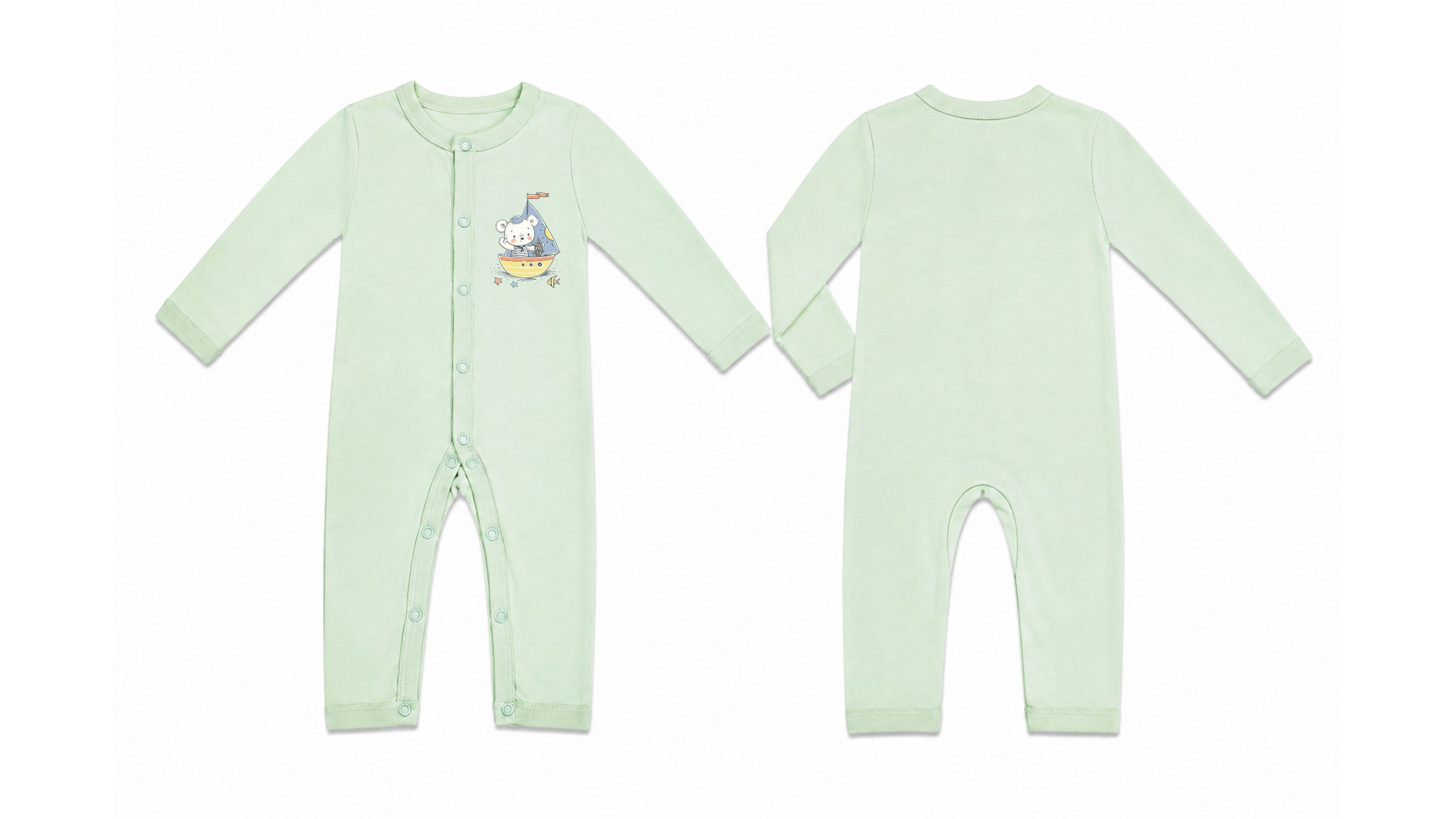 Sleeping Suit: Premium Cotton-Blend "Panda boat" Mint Green Casual Essentials