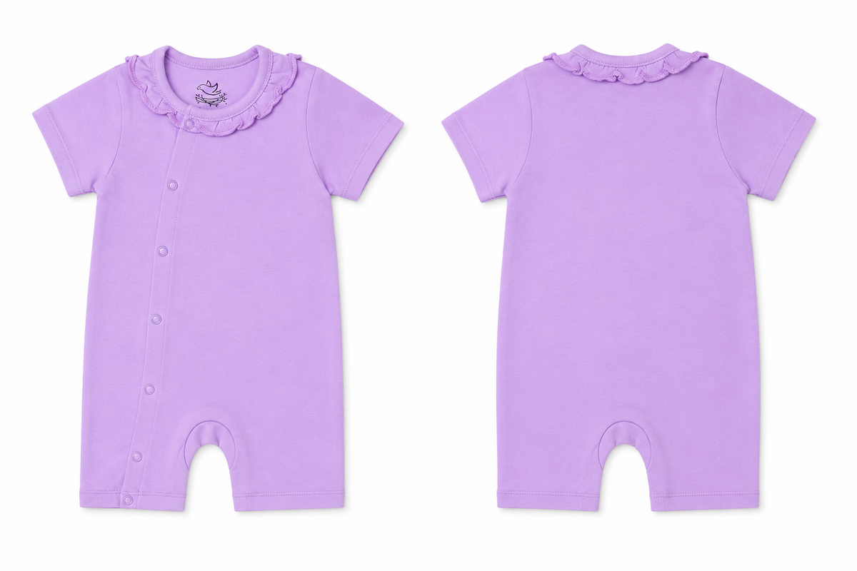 Premium Short Sleeve Cotton Baby Romper – Soft Purple Jumpsuit with Ruffle Collar