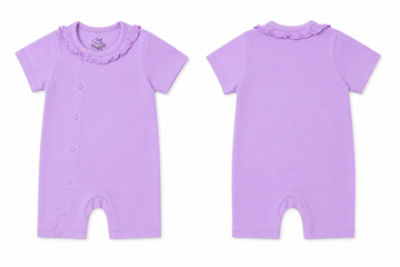 Premium Short Sleeve Cotton Baby Romper – Soft Purple Jumpsuit with Ruffle Collar