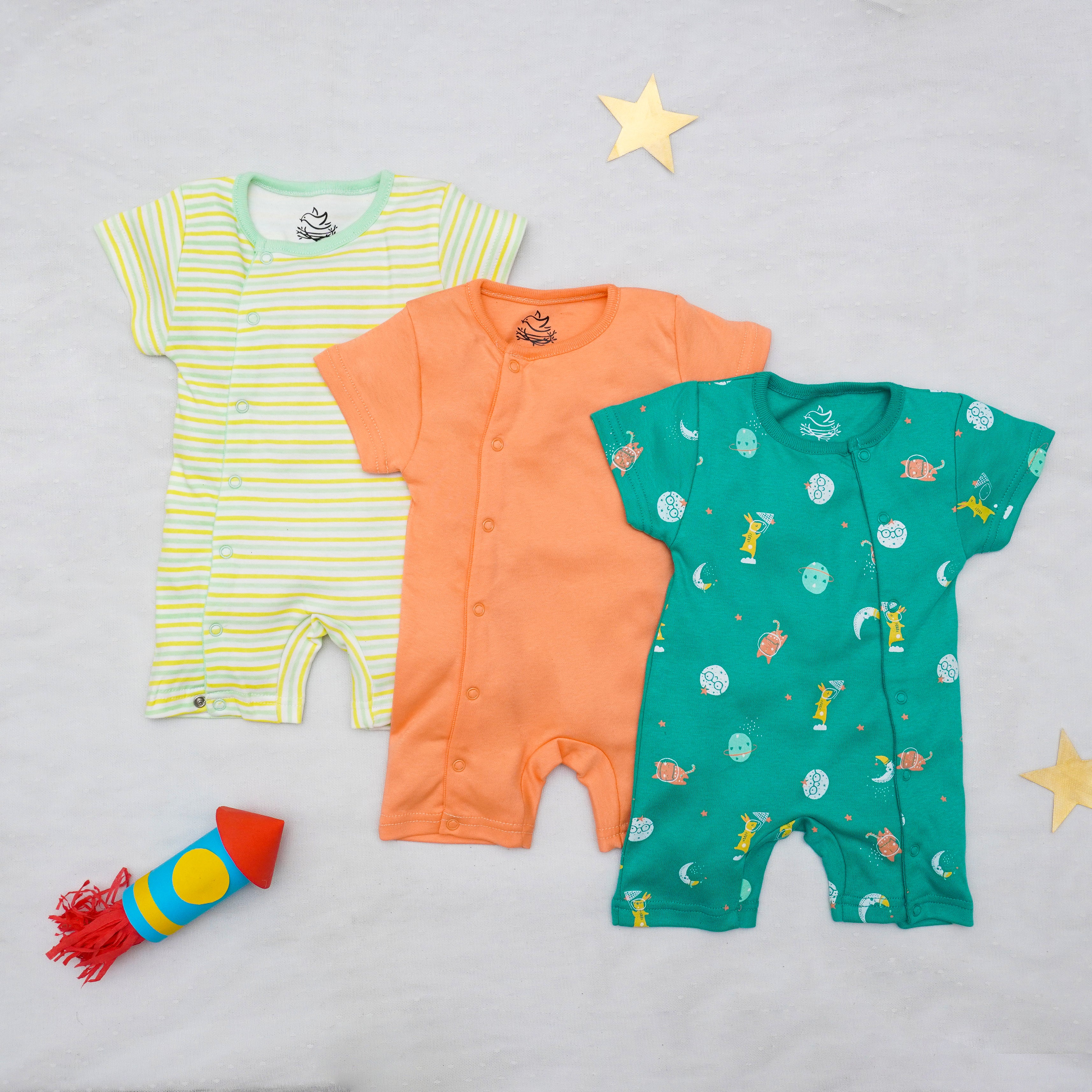 Pack Of 3 Space Half Sleeves Rompers (Bundle)