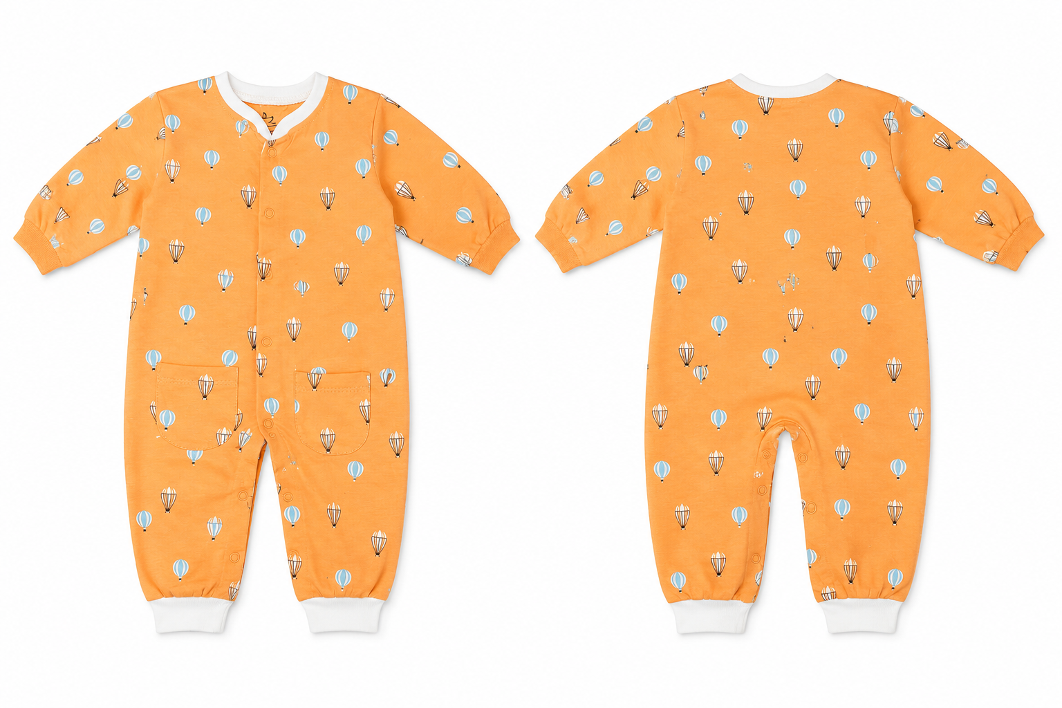 Sleepsuit: Premium Cotton Baby Jumpsuit in Vibrant Orange with Hot Air Balloon Print