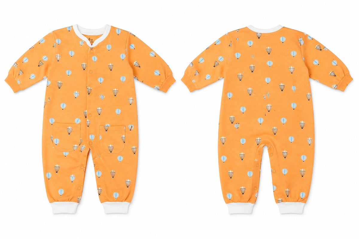 Sleepsuit: Premium Cotton Baby Jumpsuit in Vibrant Orange with Hot Air Balloon Print