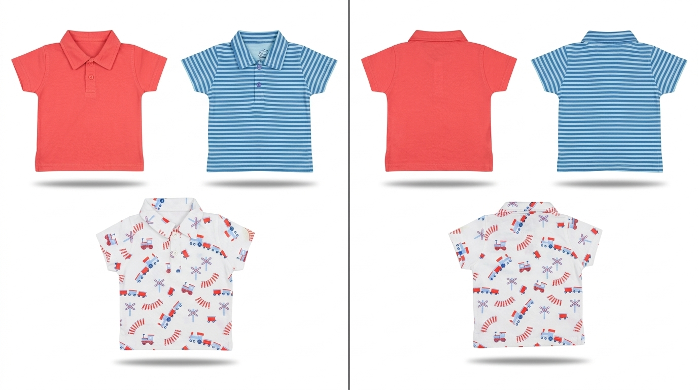 Polo Shirt Pack Of 3 – Coral, Blue Striped, and Train Print Playwear Tops