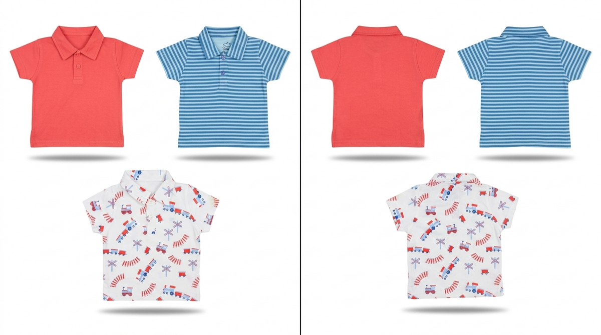 Polo Shirt Pack Of 3 – Coral, Blue Striped, and Train Print Playwear Tops