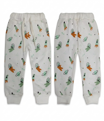 Premium Cotton Kids Pajama Pants – Off-White Space Rocket Print Loungewear Trousers