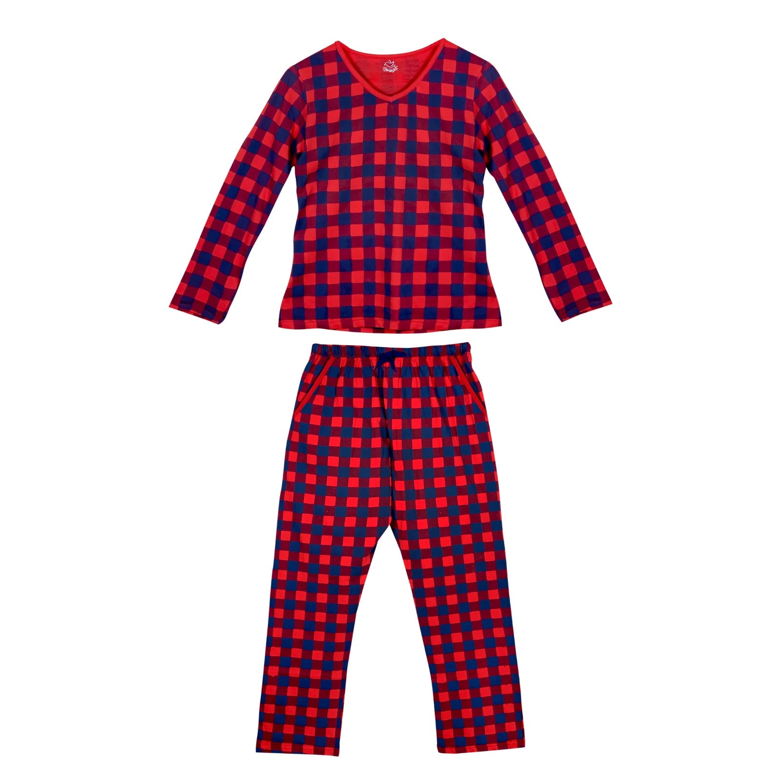 Women's Red and Navy Check Print Longsleeve & Trouser Set