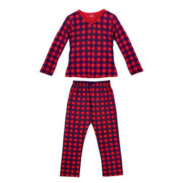Women's Red and Navy Check Print Longsleeve & Trouser Set