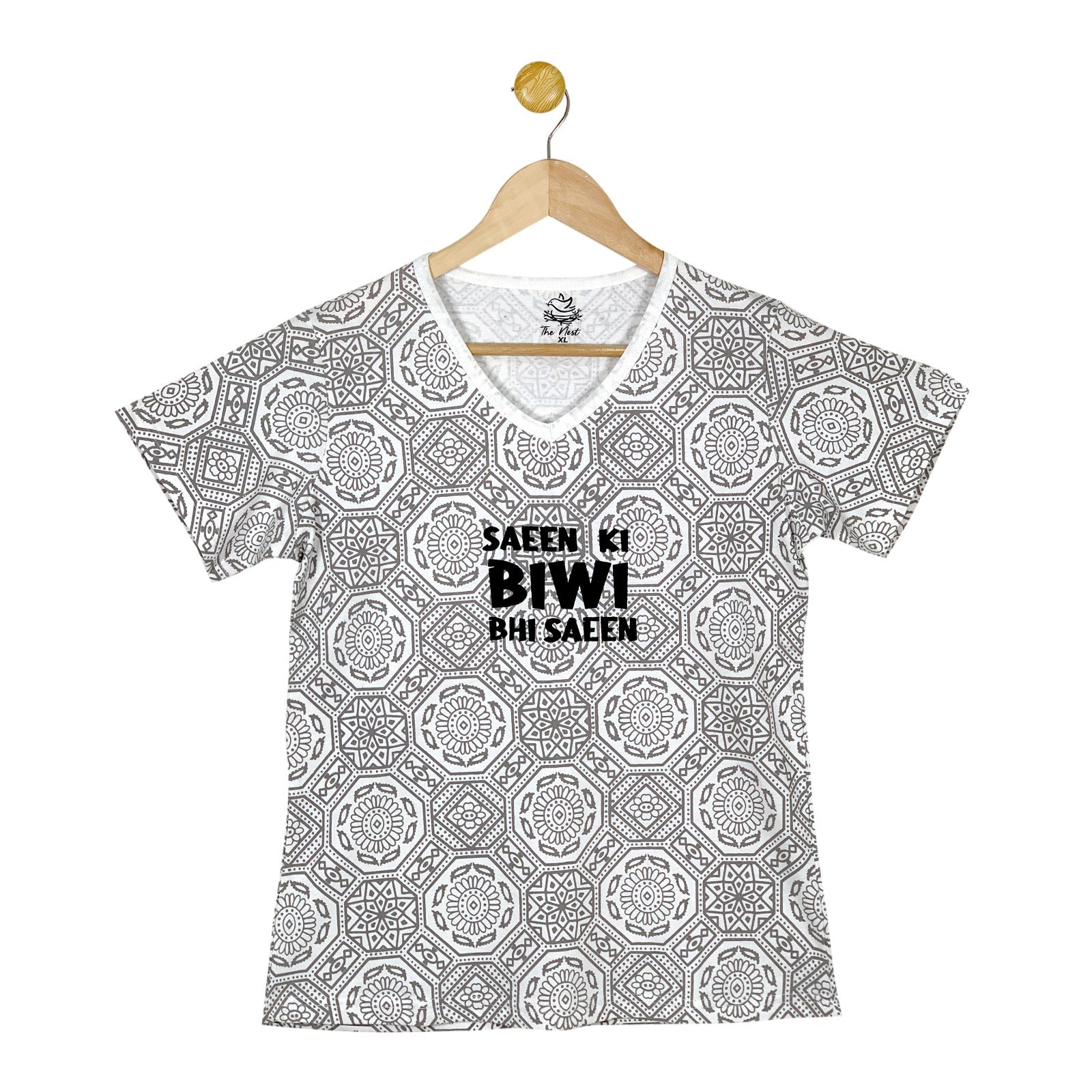 Women's Saeen Ki Biwi Bhi Saeen Grey and White Ajrak Print T-Shirt & Trouser Set